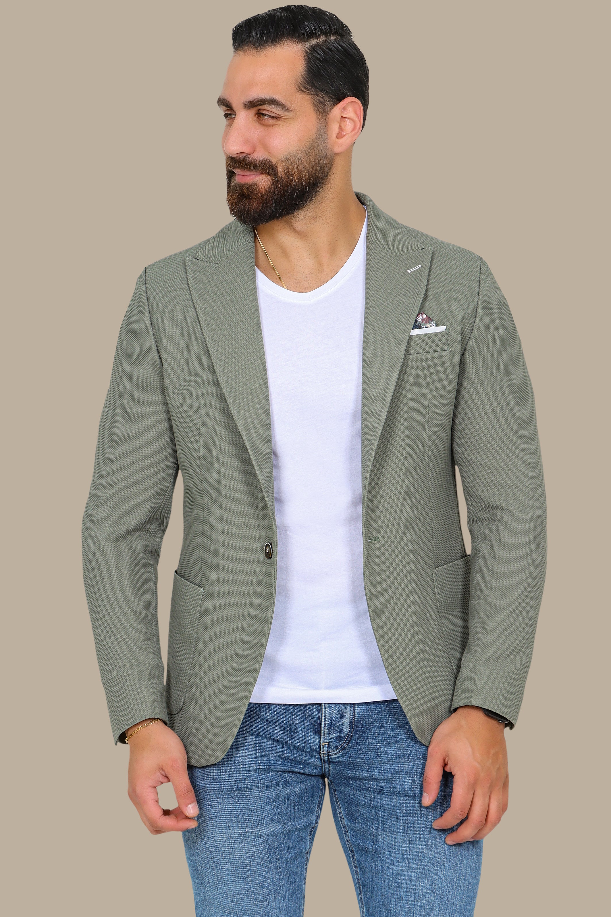 Olive Piquet Blazer with Peak Lapel