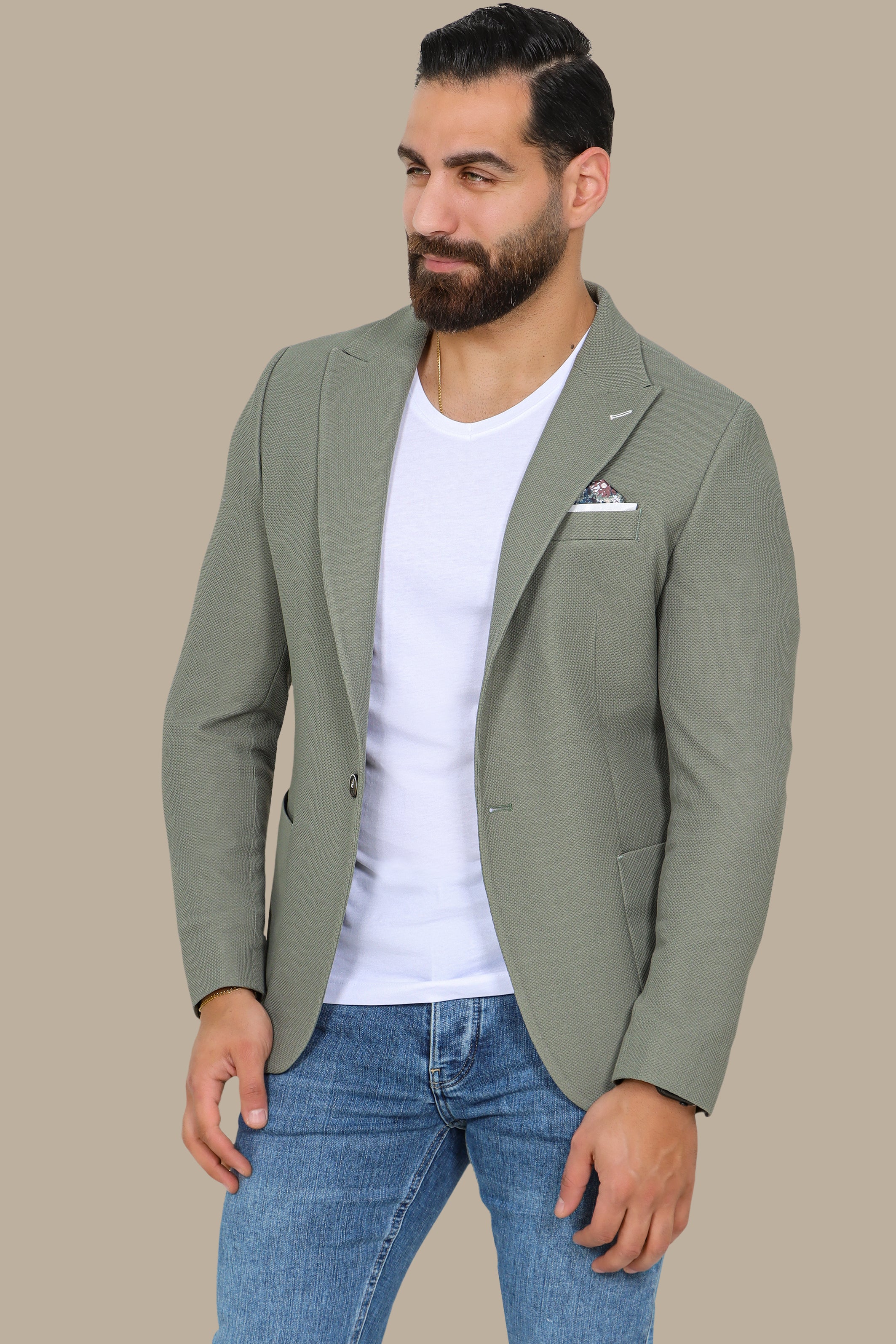 Olive Piquet Blazer with Peak Lapel