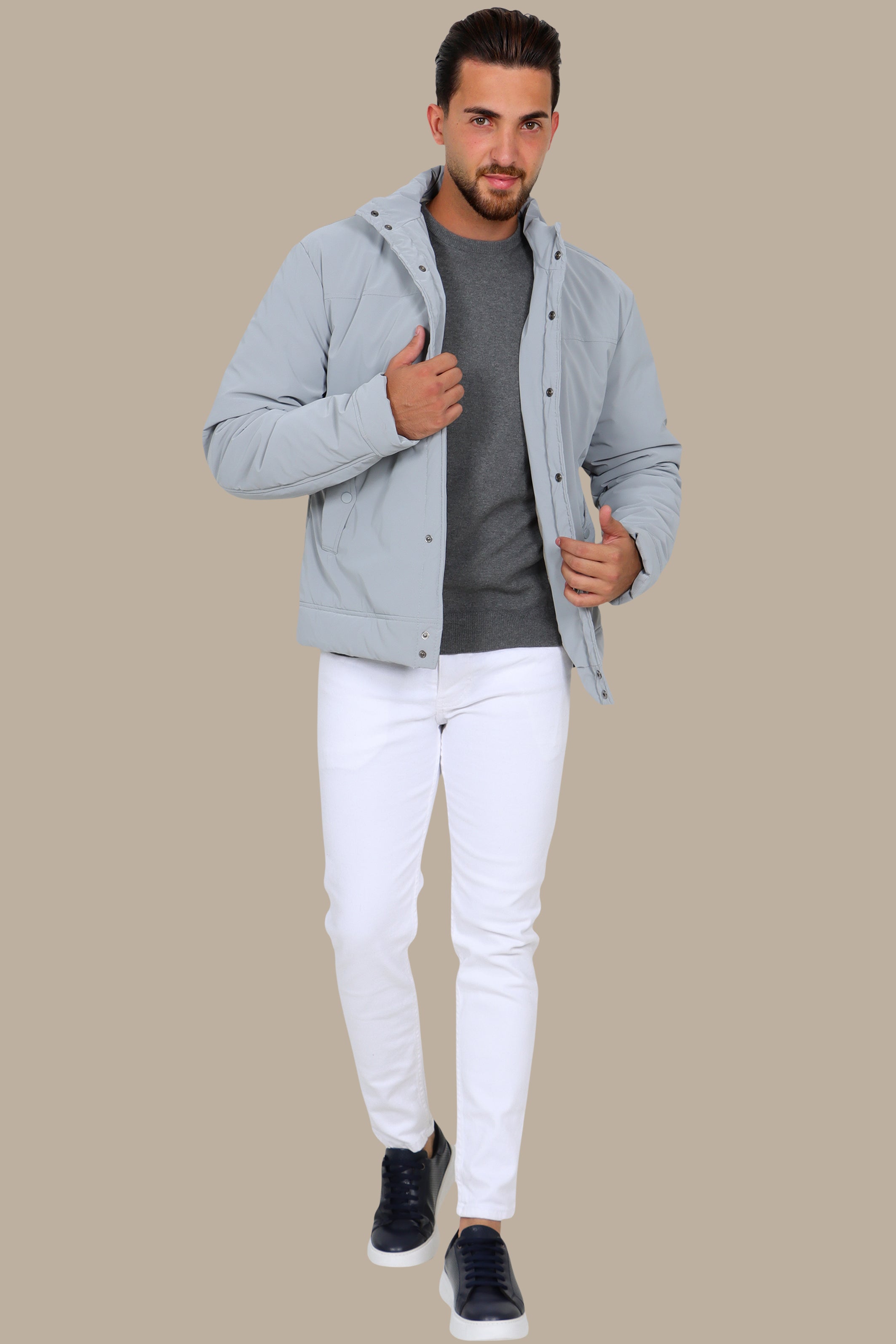 Grey Full Button Puffer Jacket