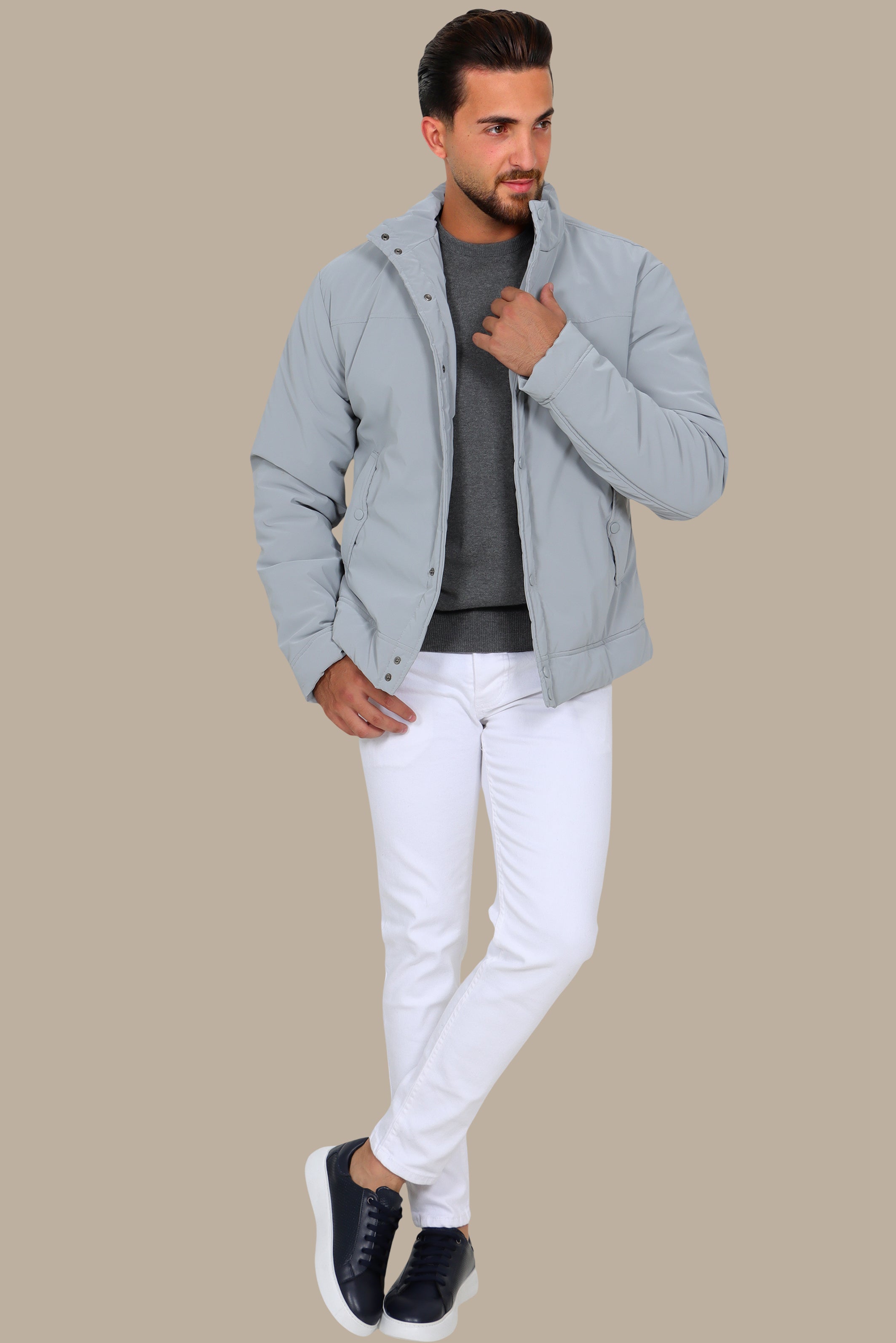 Grey Full Button Puffer Jacket