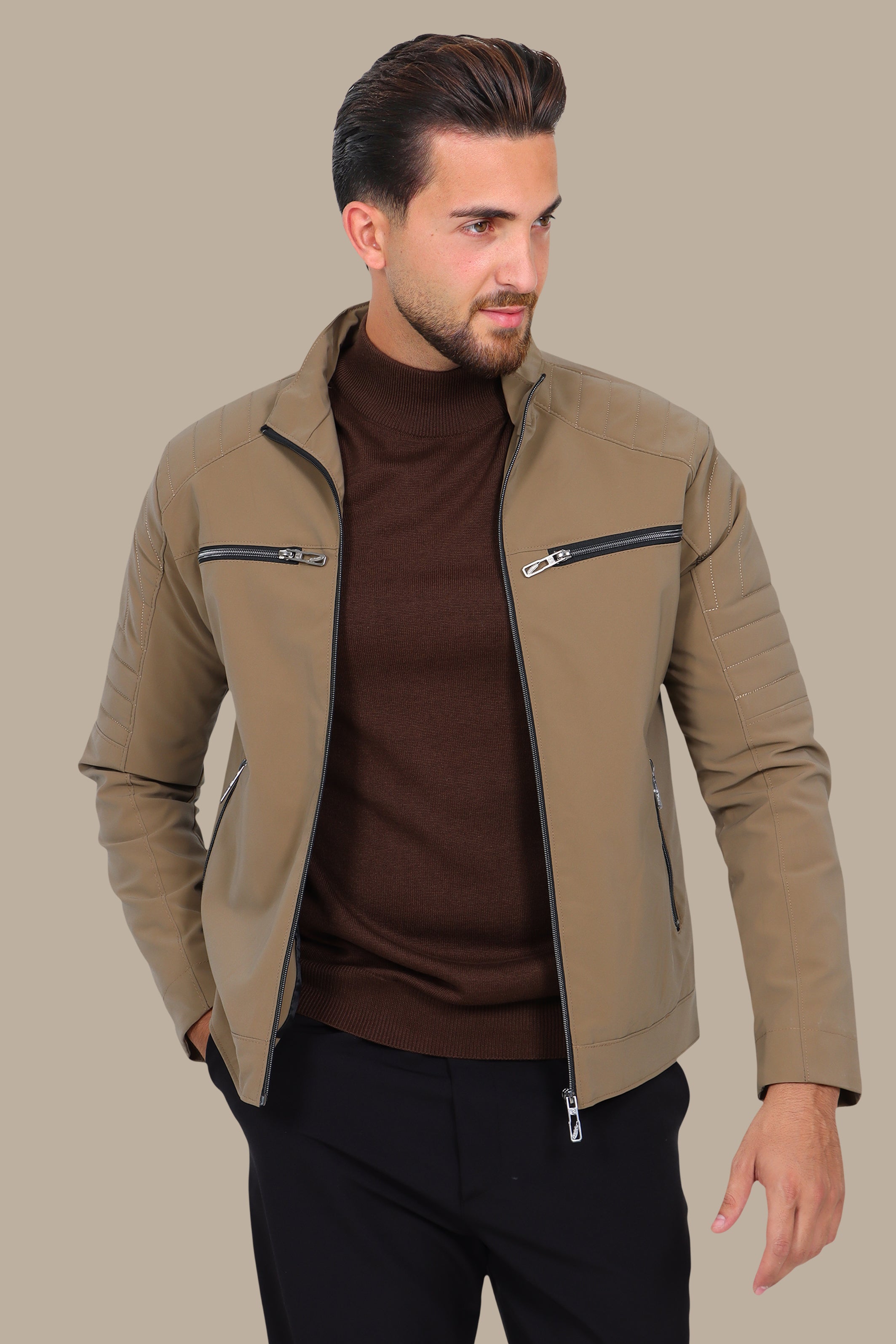 Bold Edge: Beige Faux Leather Biker Jacket with Four Zippers