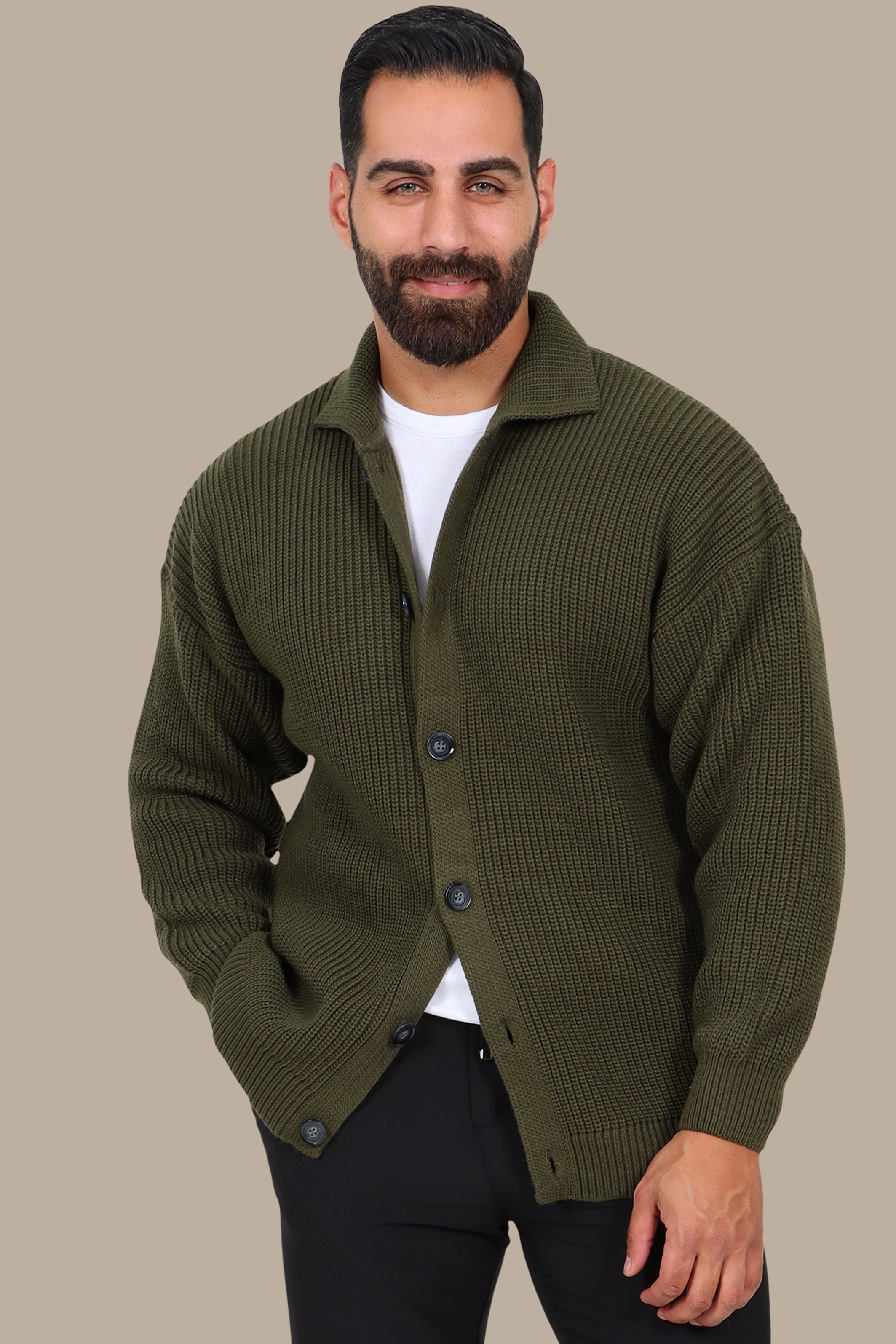 Mercerized Full-Button Cardigan Khaki