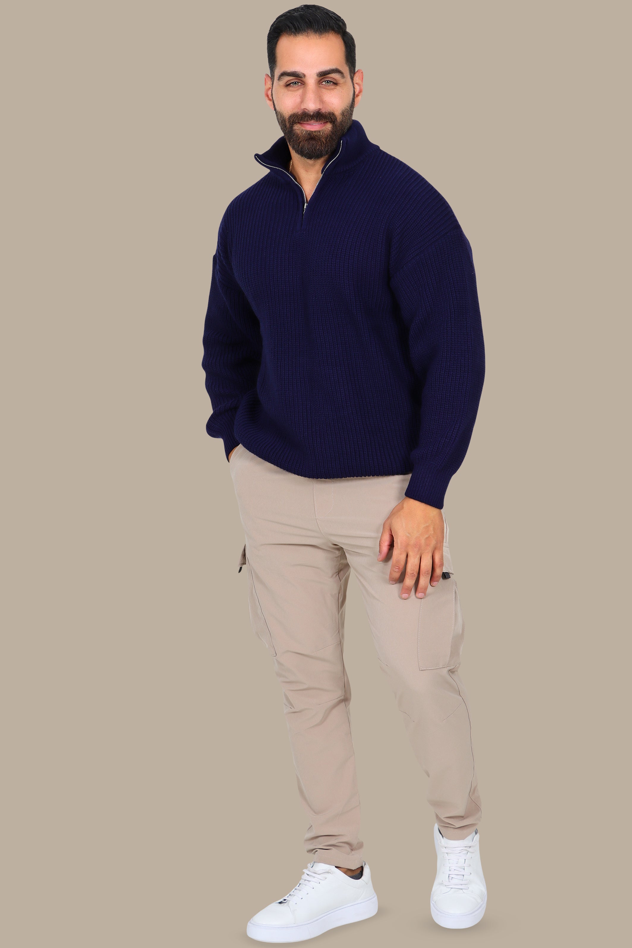Navy Half-Zipper Plain Mercerized Sweater