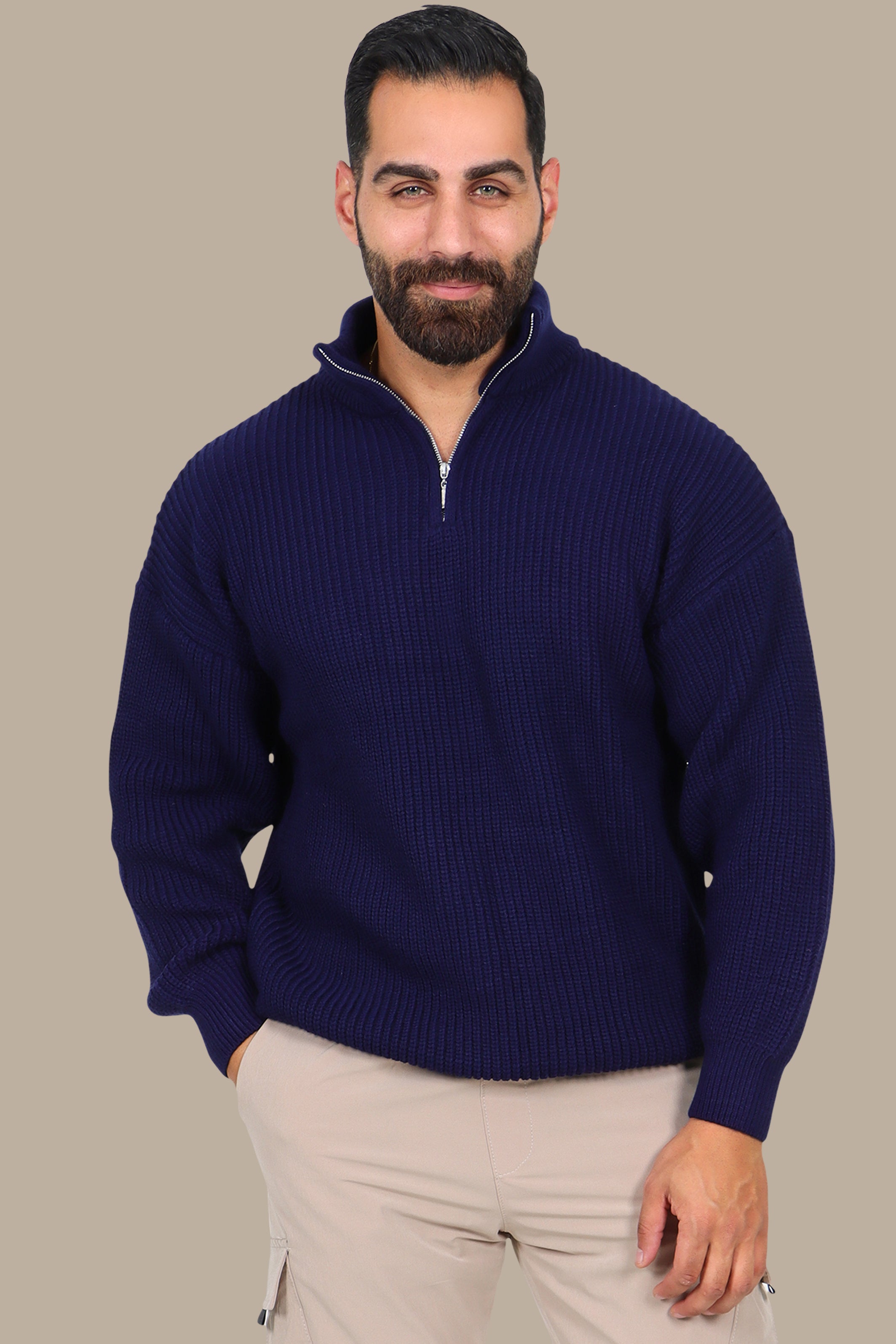 Navy Half-Zipper Plain Mercerized Sweater