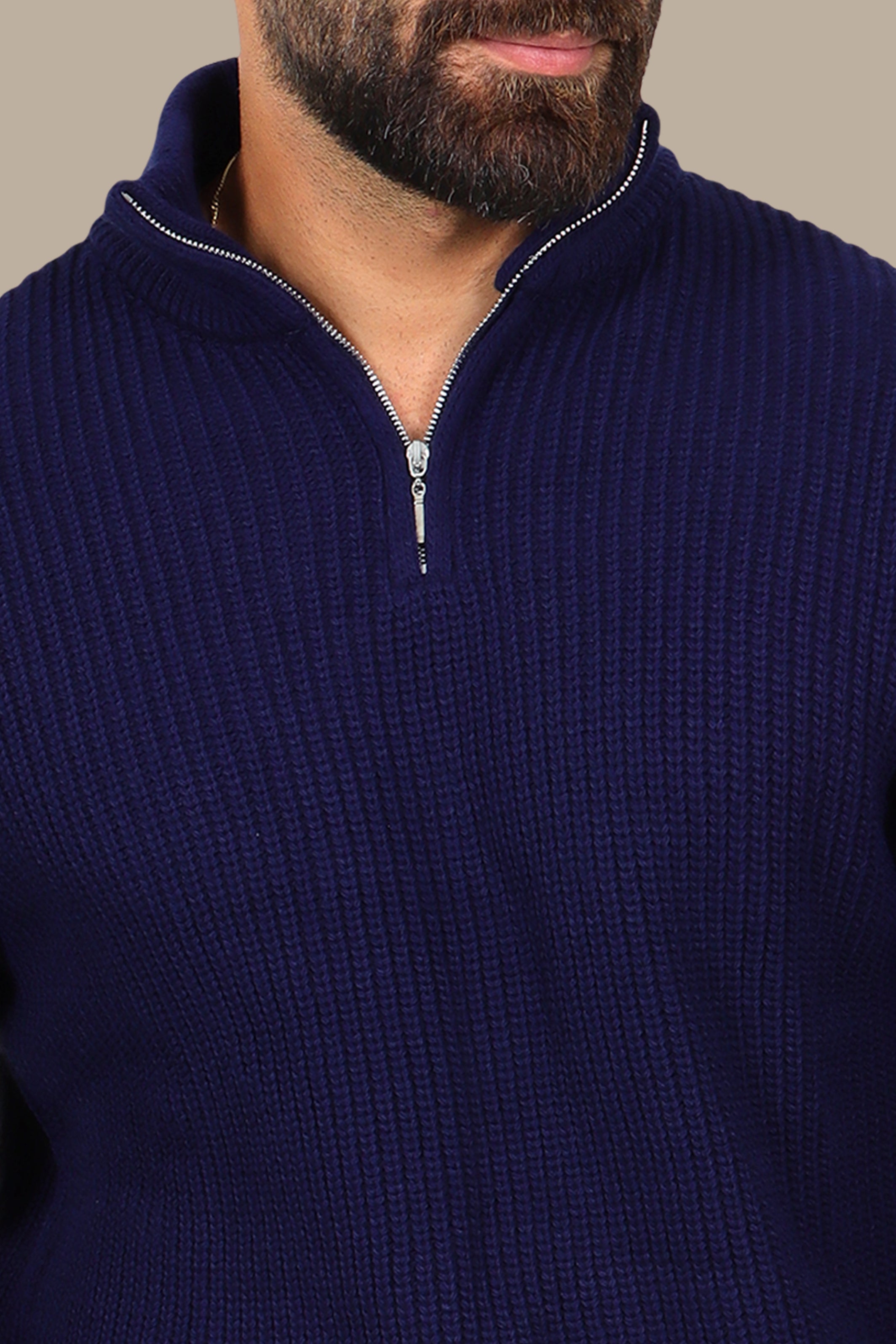 Navy Half-Zipper Plain Mercerized Sweater