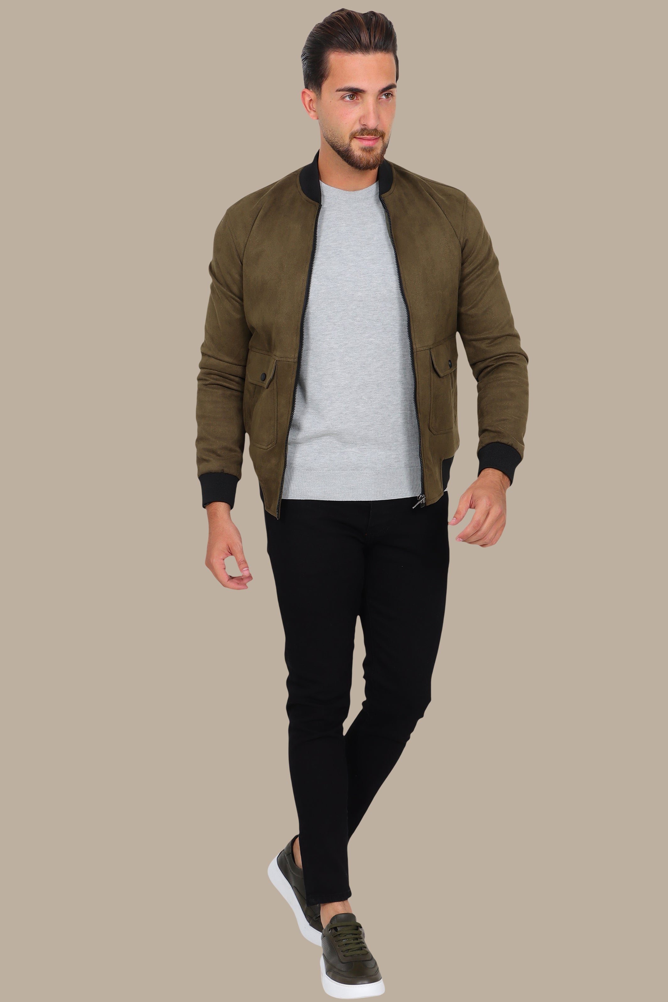 Olive Elegance: Col Mao Blouson Jacket
