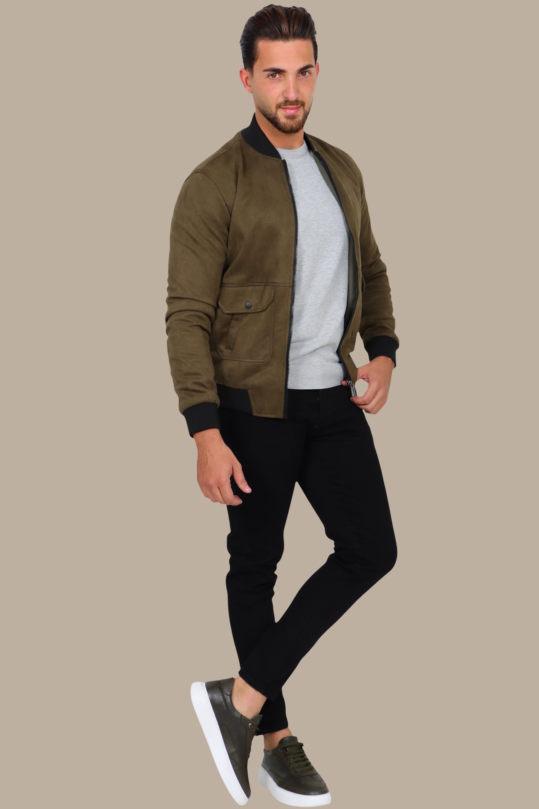 Olive Elegance: Col Mao Blouson Jacket