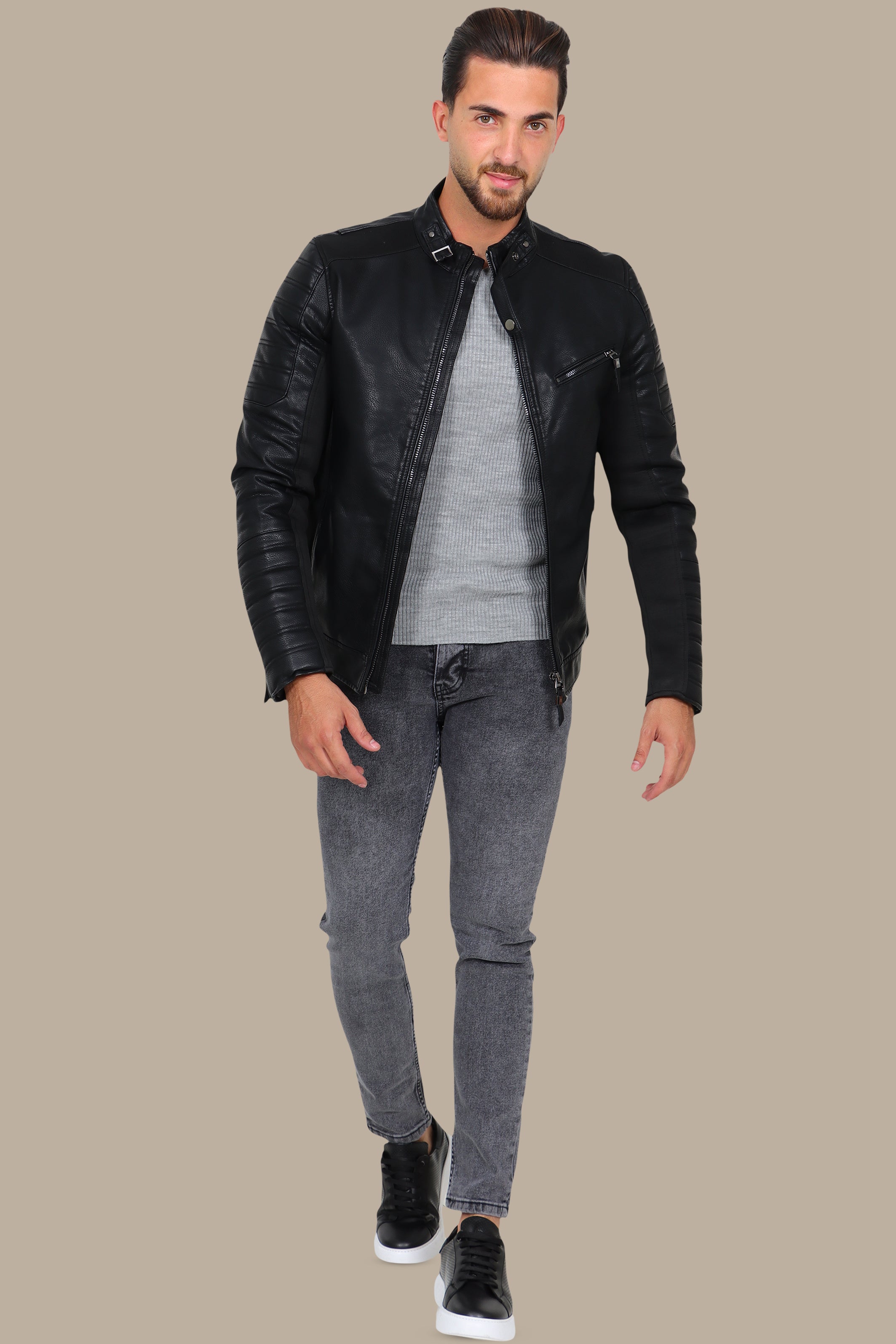 Black Elegance: Faux Leather Jacket with Neck Belt