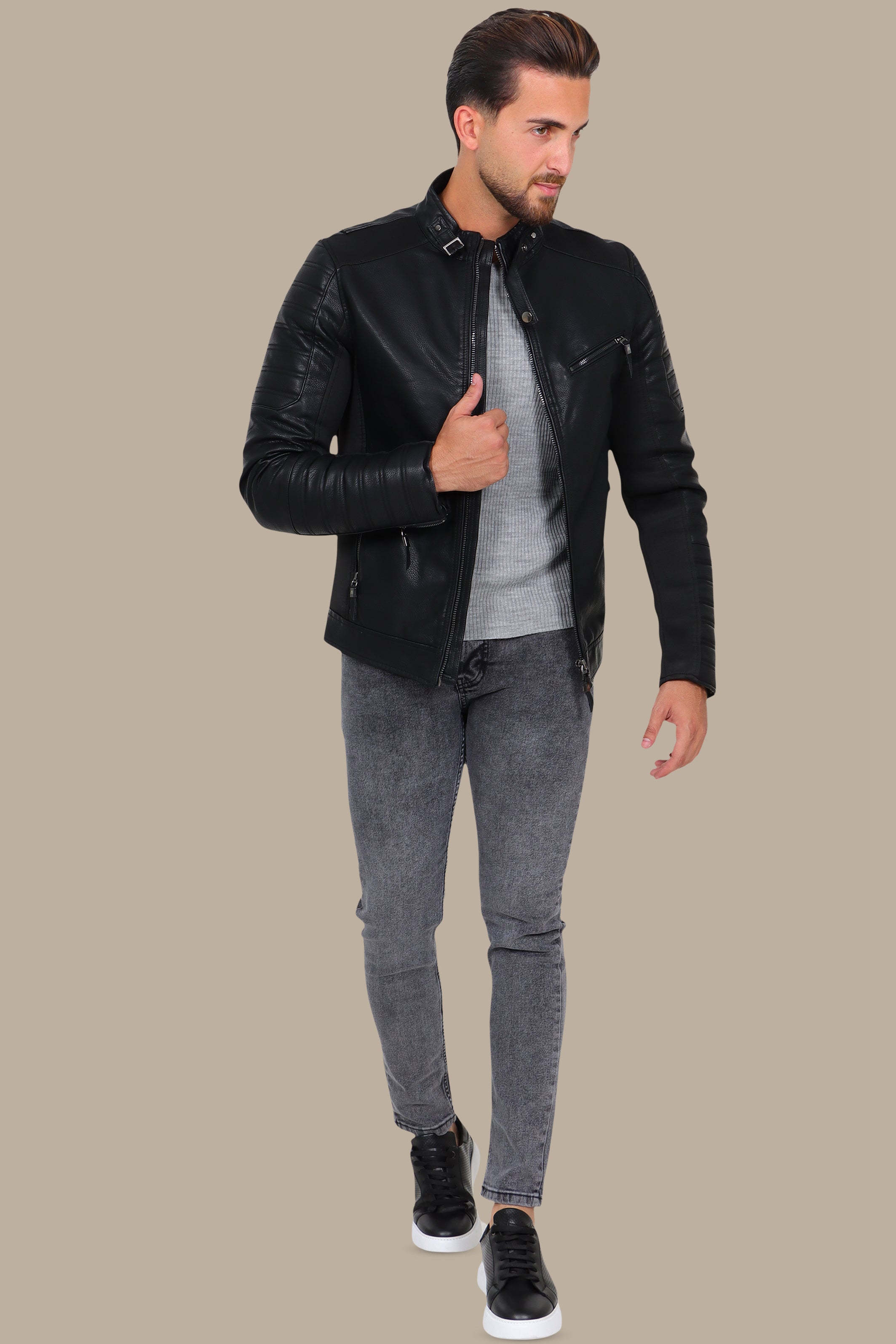 Black Elegance: Faux Leather Jacket with Neck Belt