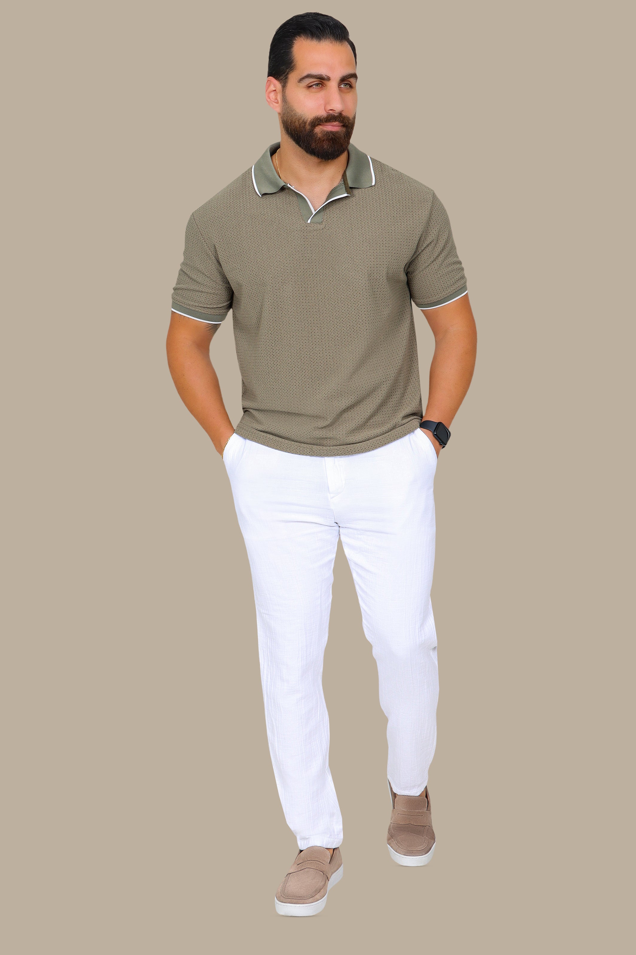 Olive V-Neck Polo Shirt in Breathable Fabric