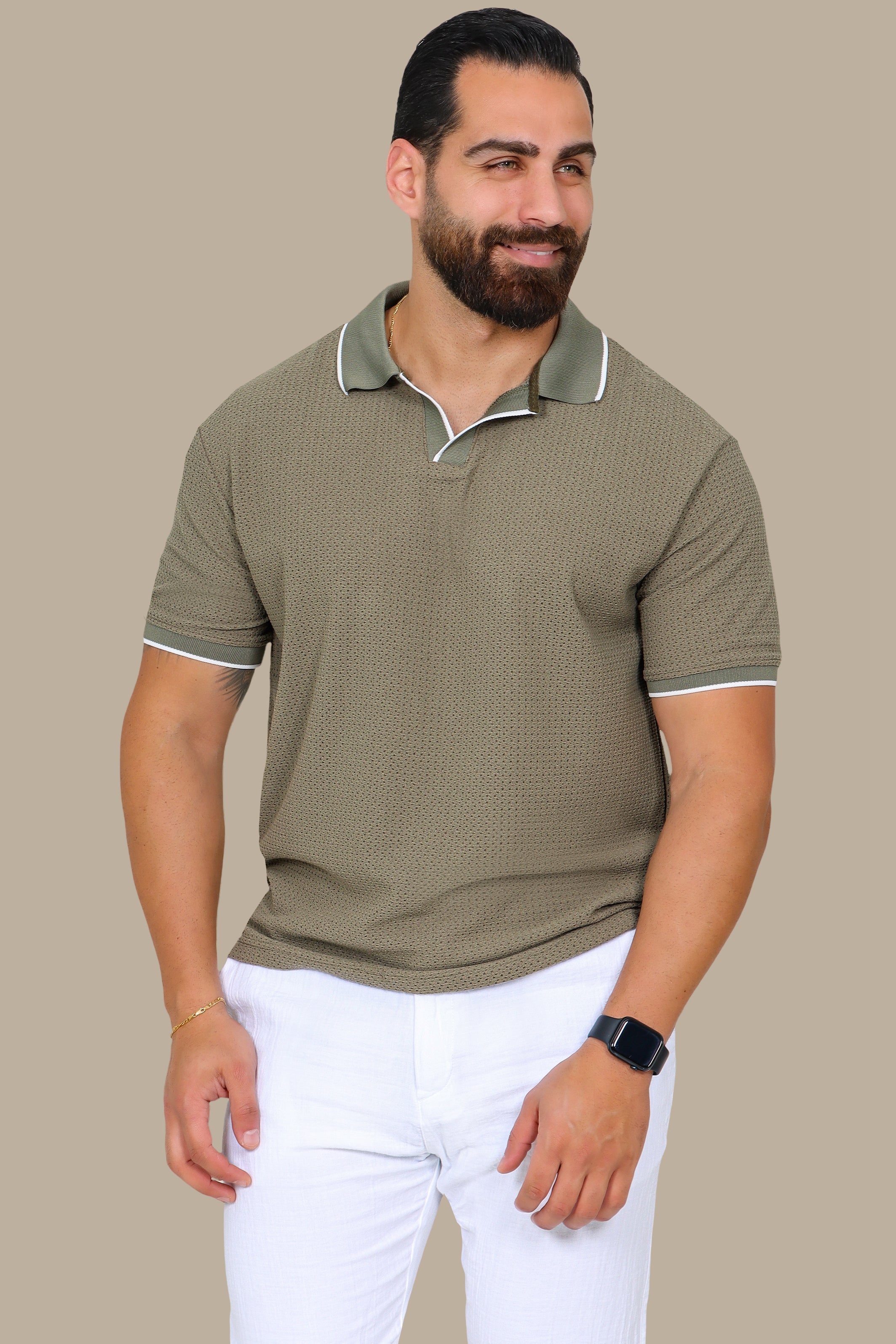 Olive V-Neck Polo Shirt in Breathable Fabric