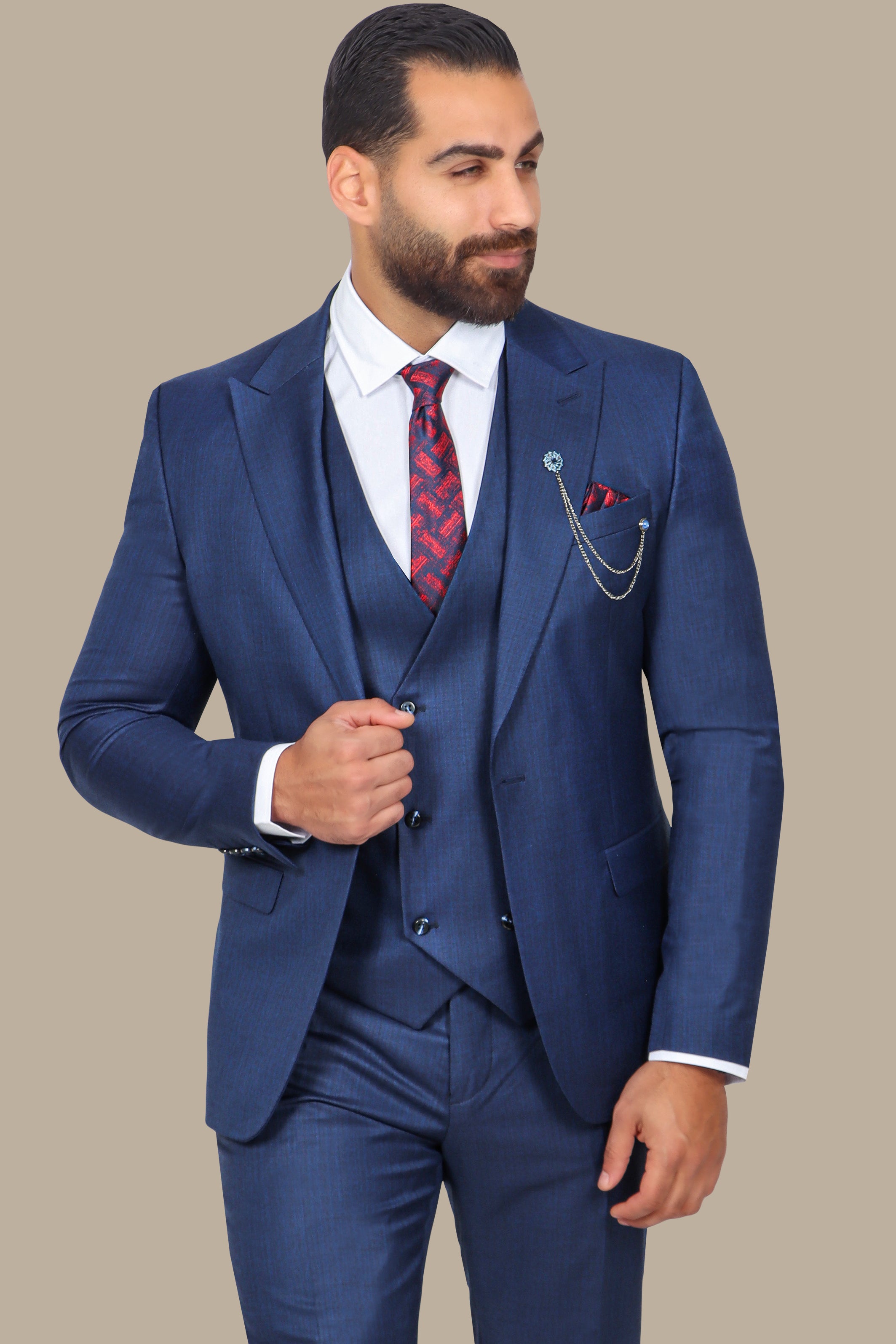 Classic Elegance: 3-Piece Blue Fila Fil Suit with Peak Lapel