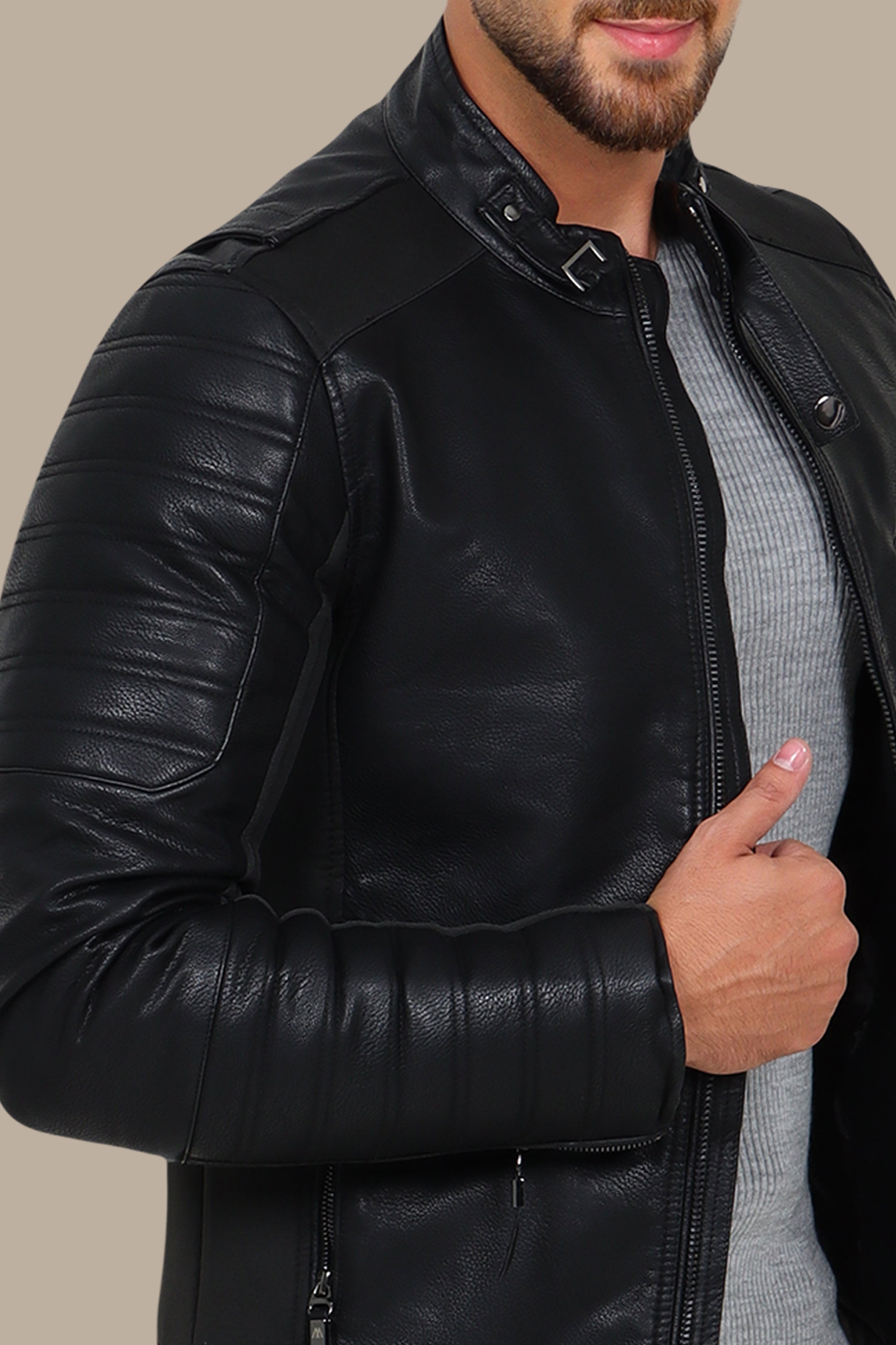 Black Elegance: Faux Leather Jacket with Neck Belt