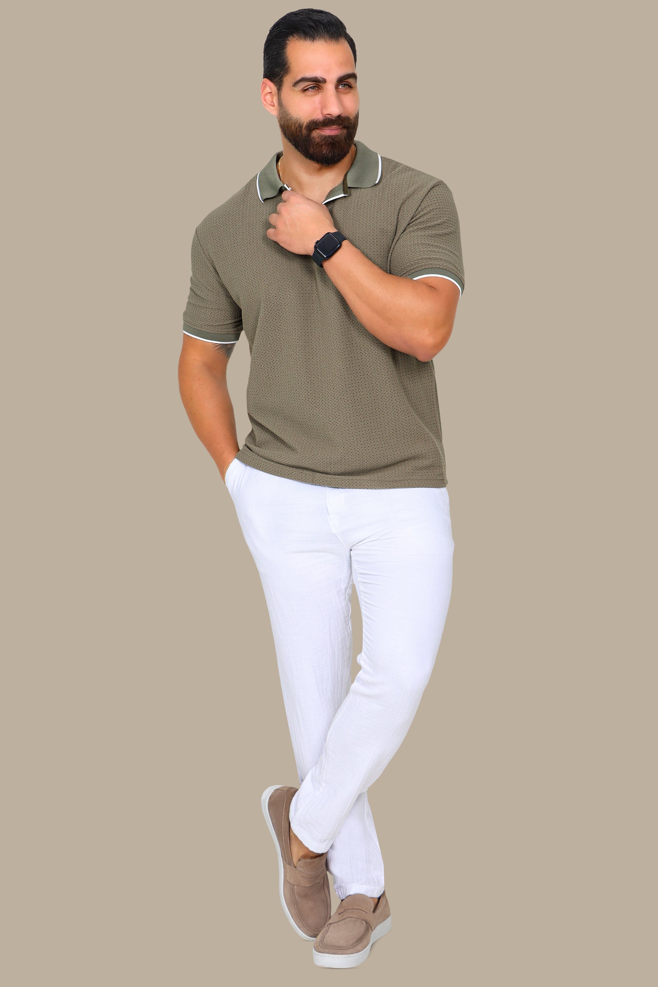 Olive V-Neck Polo Shirt in Breathable Fabric