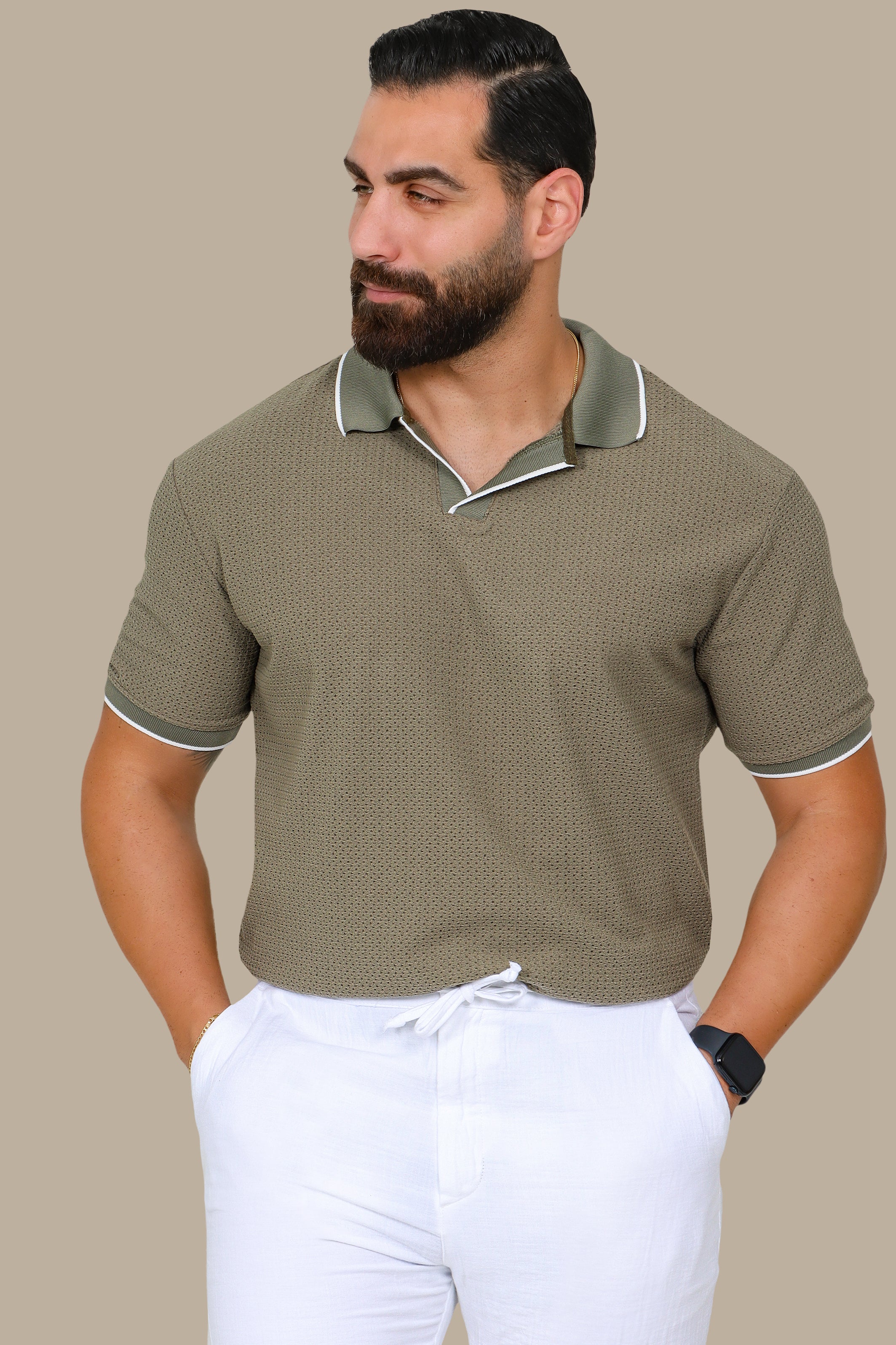 Olive V-Neck Polo Shirt in Breathable Fabric