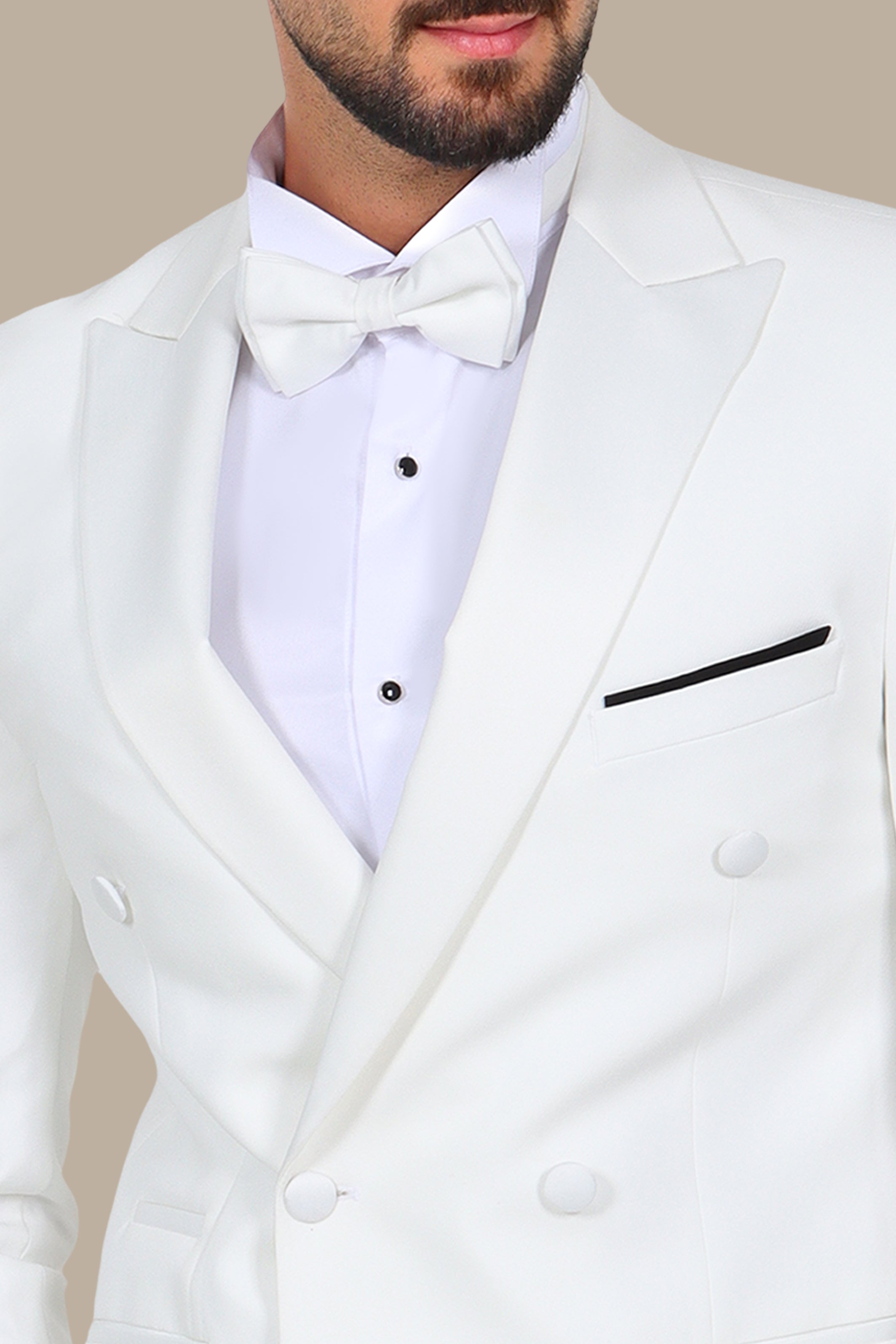 White Double Breasted Tuxedo 4 Buttons Peak Lapel