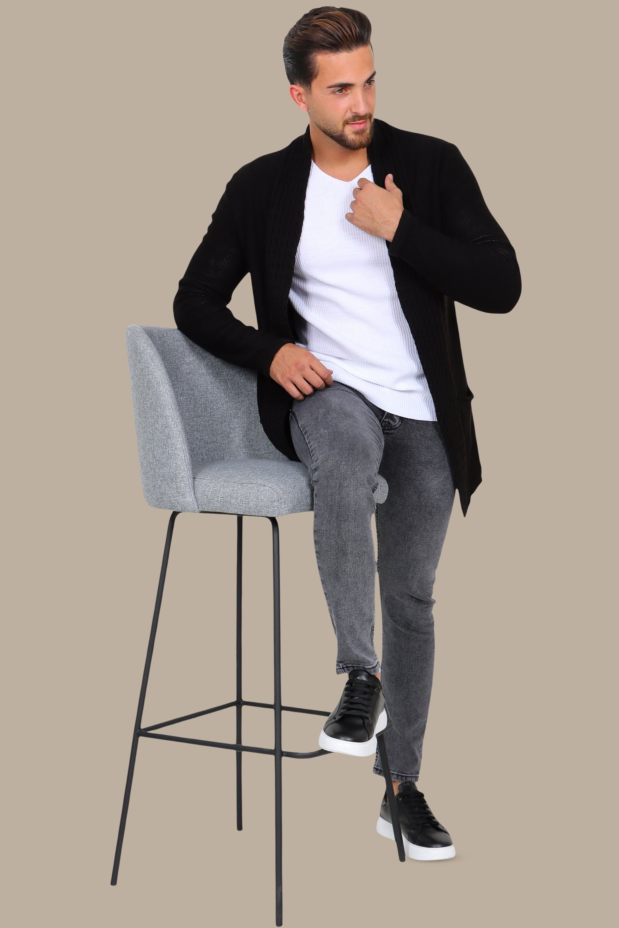 Black Braided Collar Long Cardigan Jacket