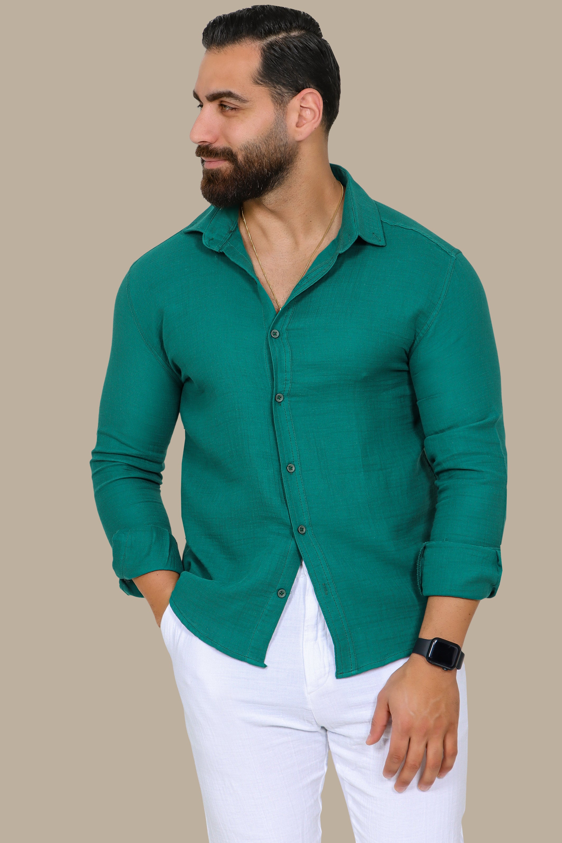 Green Linen Long-Sleeve Button-Down Shirt