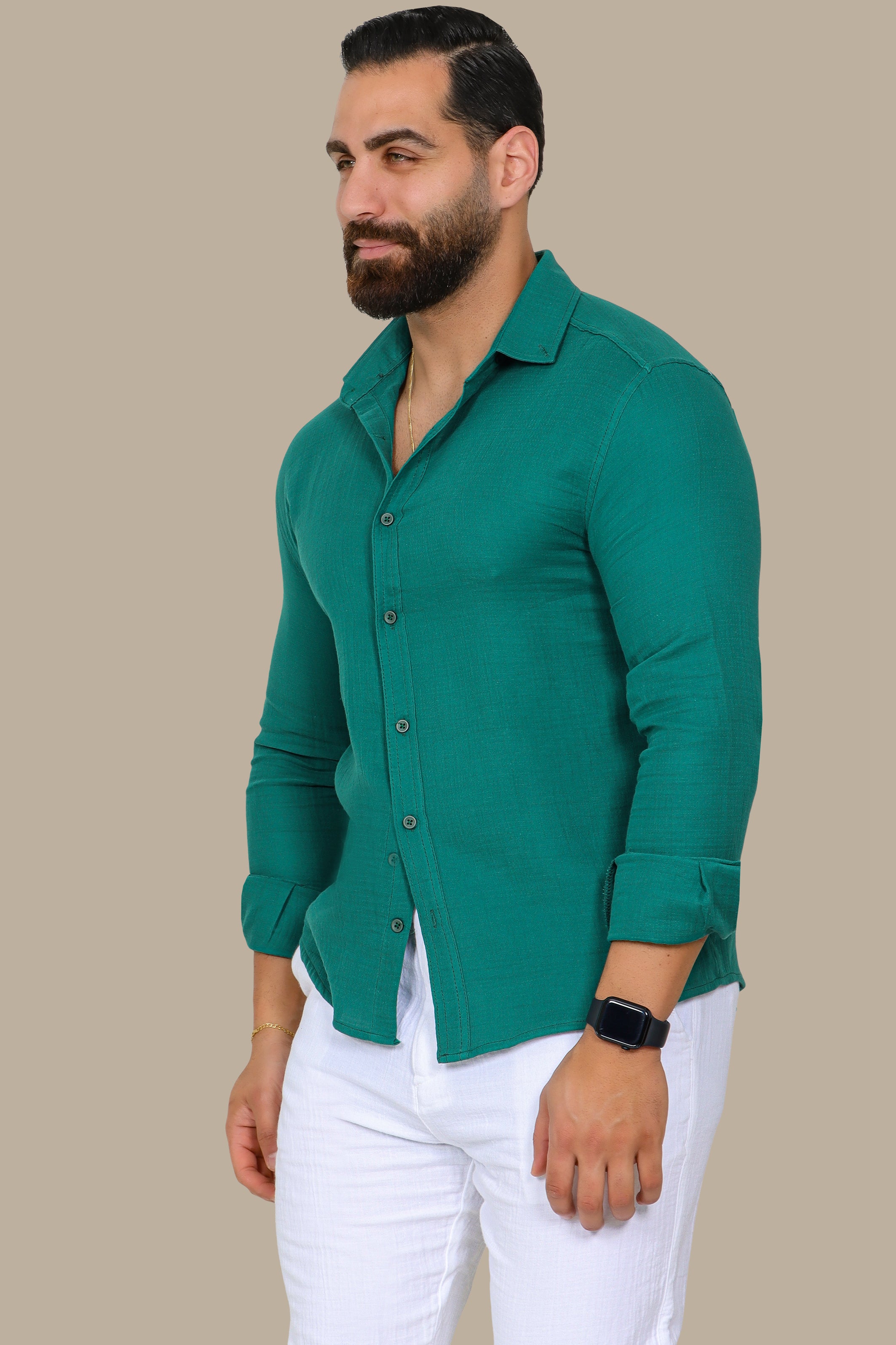 Green Linen Long-Sleeve Button-Down Shirt