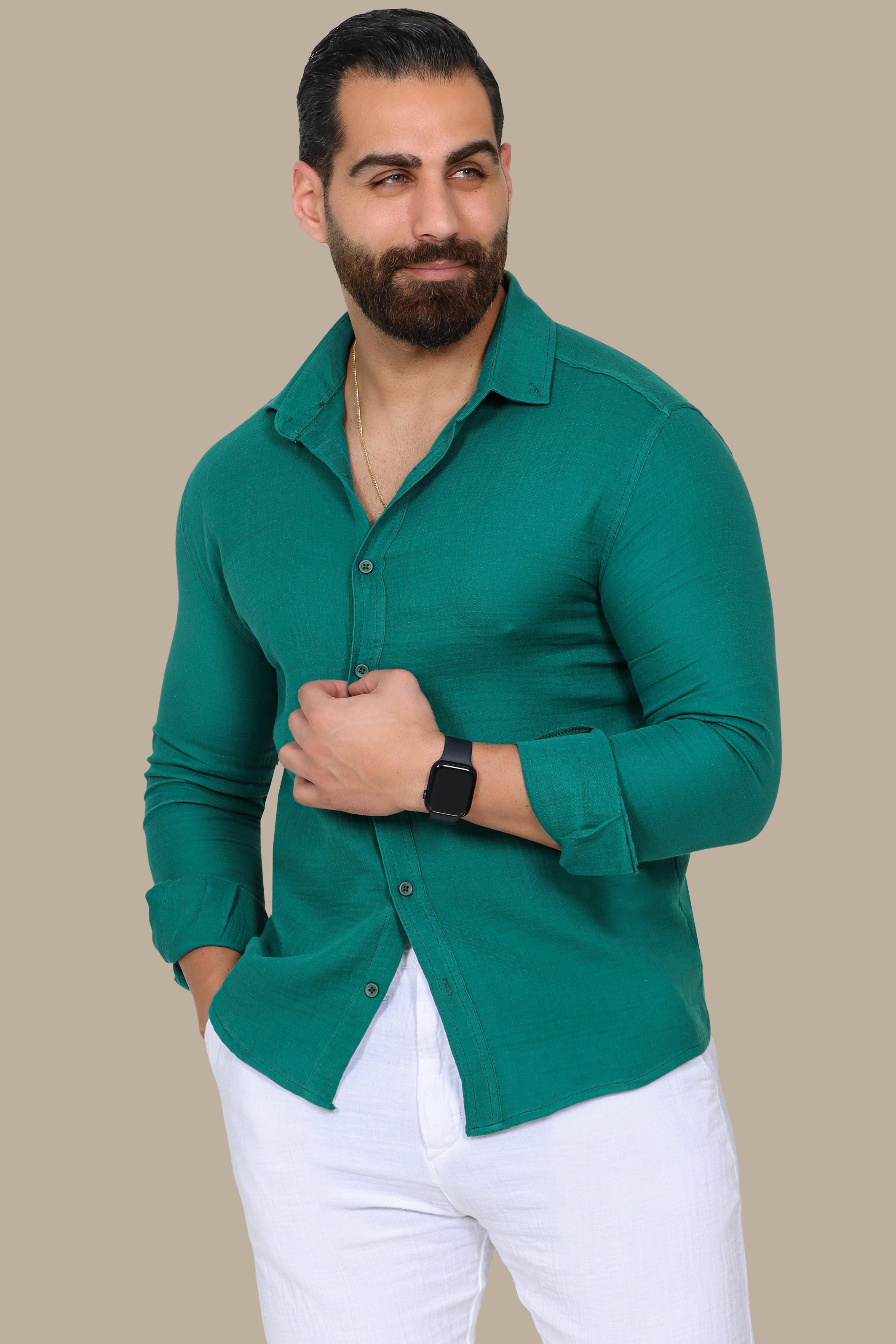 Green Linen Long-Sleeve Button-Down Shirt