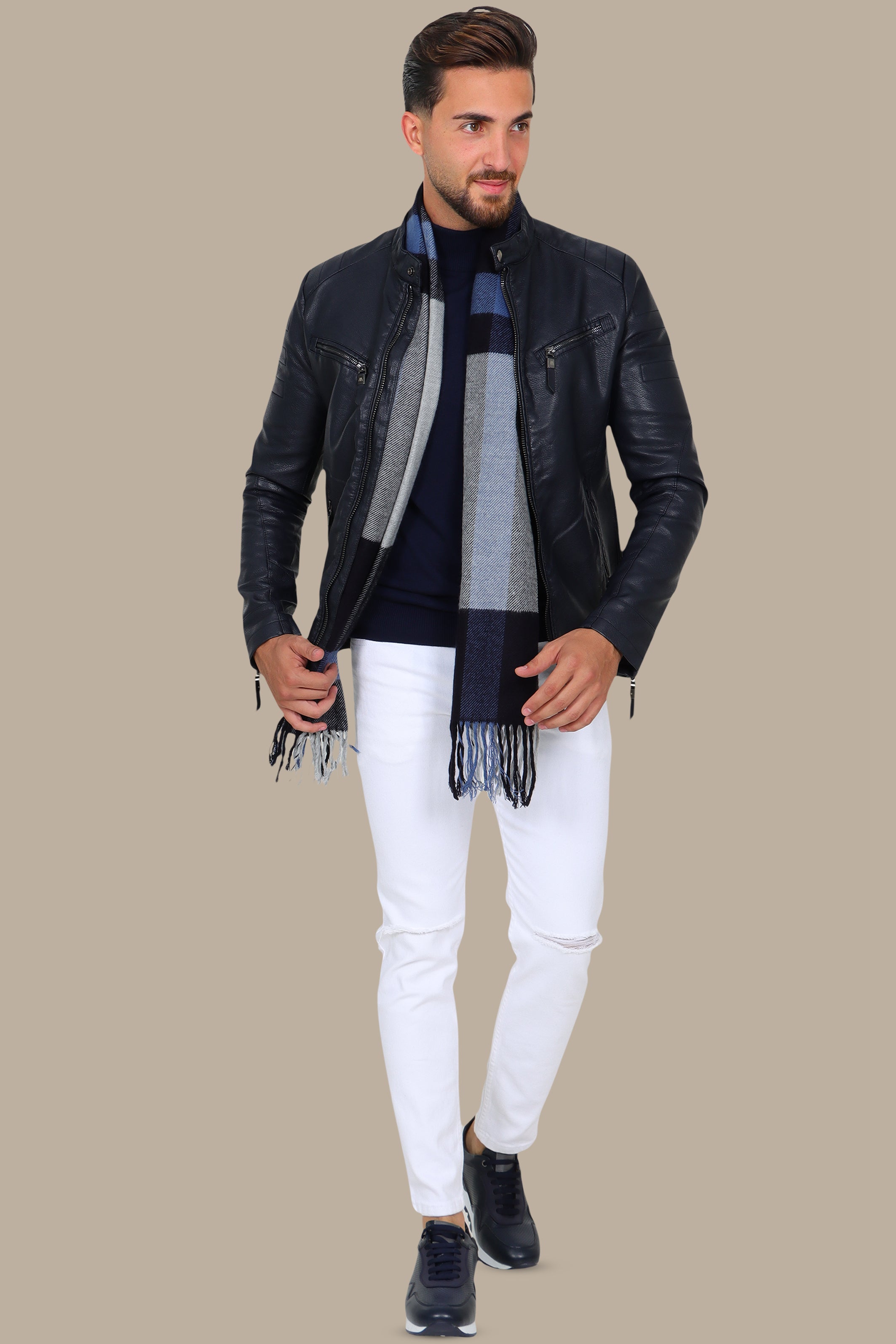 Navy Classic Leather Jacket with 4 Zippers