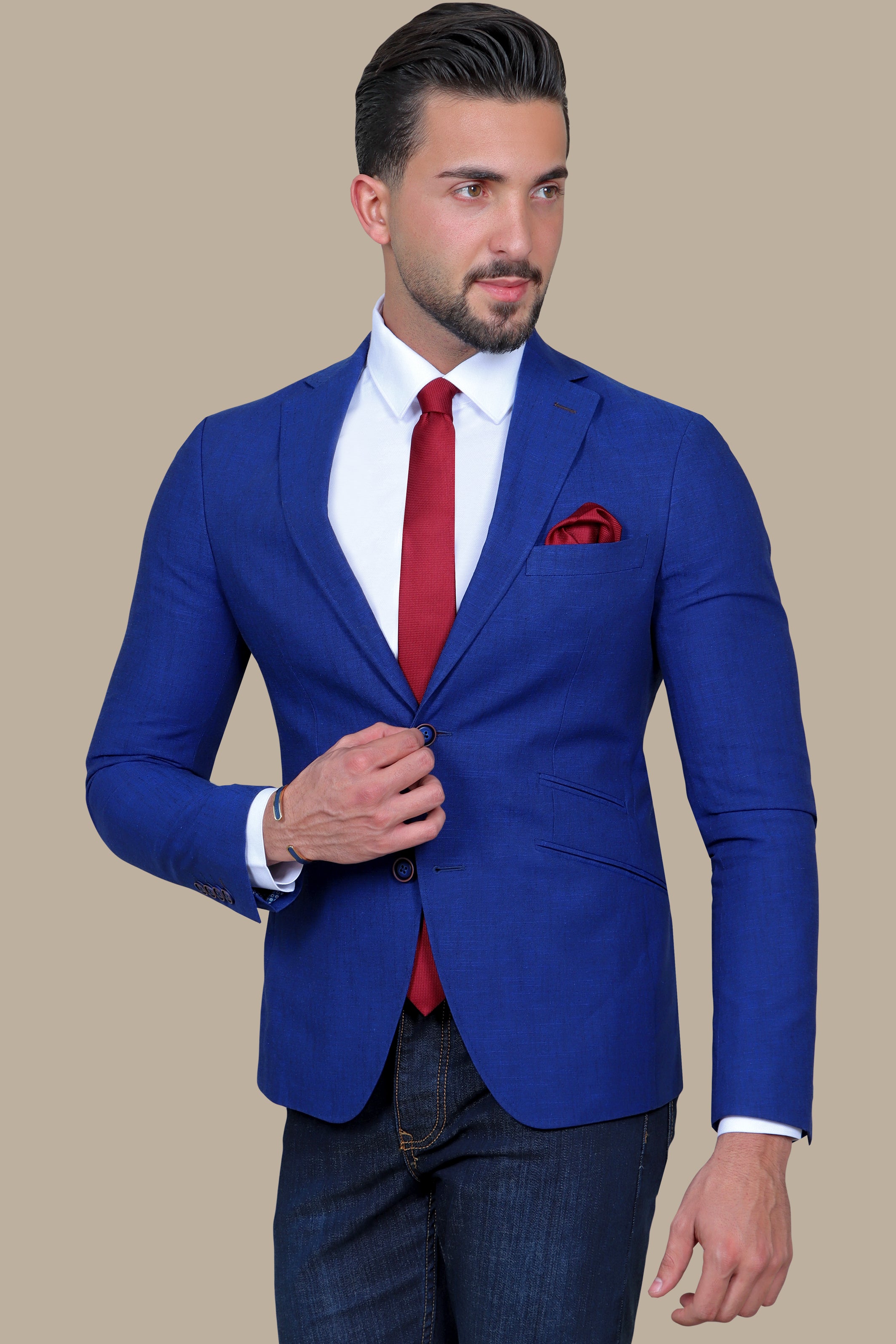 Indigo Elegance: Linen Blazer with Slanted Detail