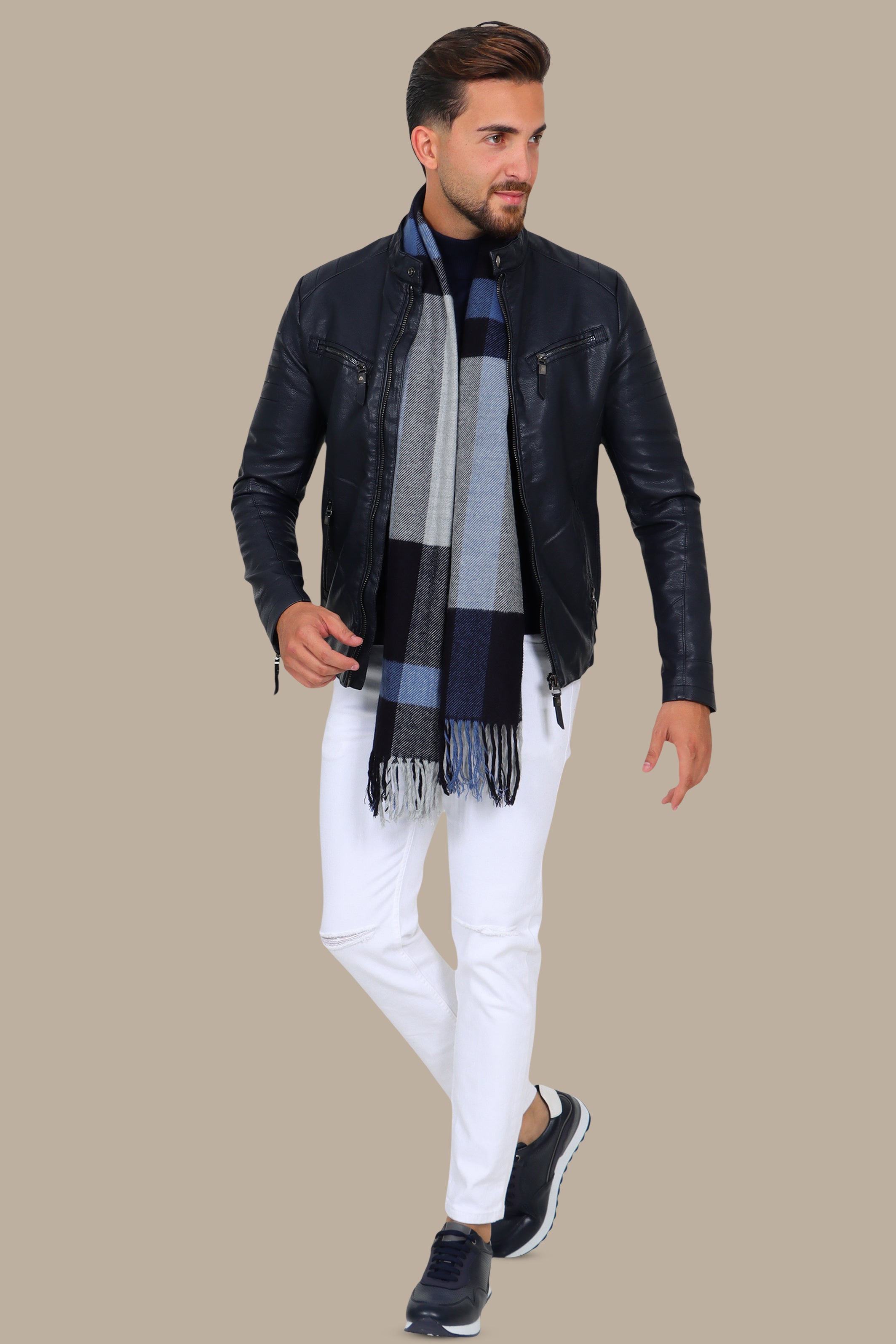 Navy Classic Leather Jacket with 4 Zippers