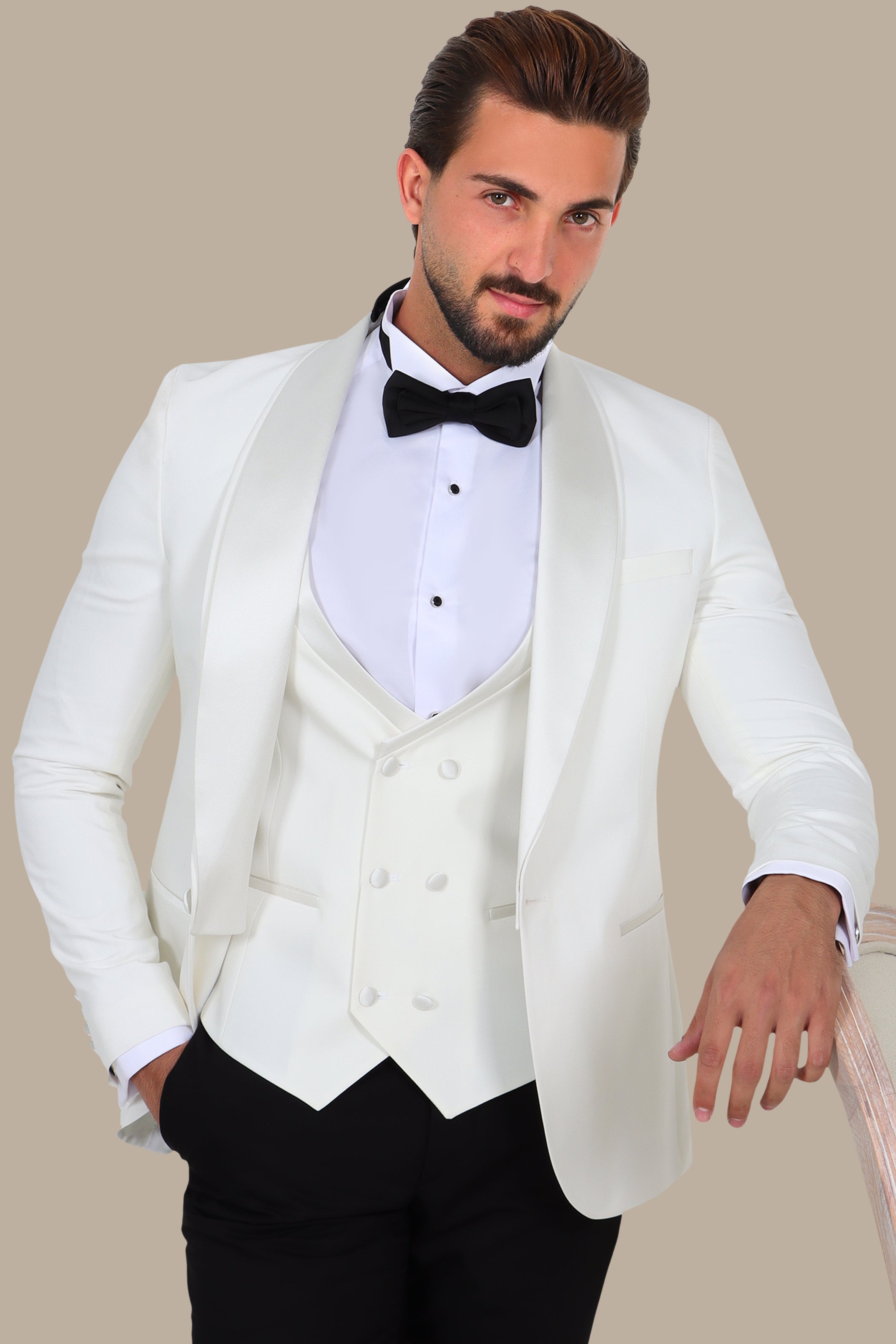 White 4-Piece Tuxedo with Double Shawl Collar and Black Pants