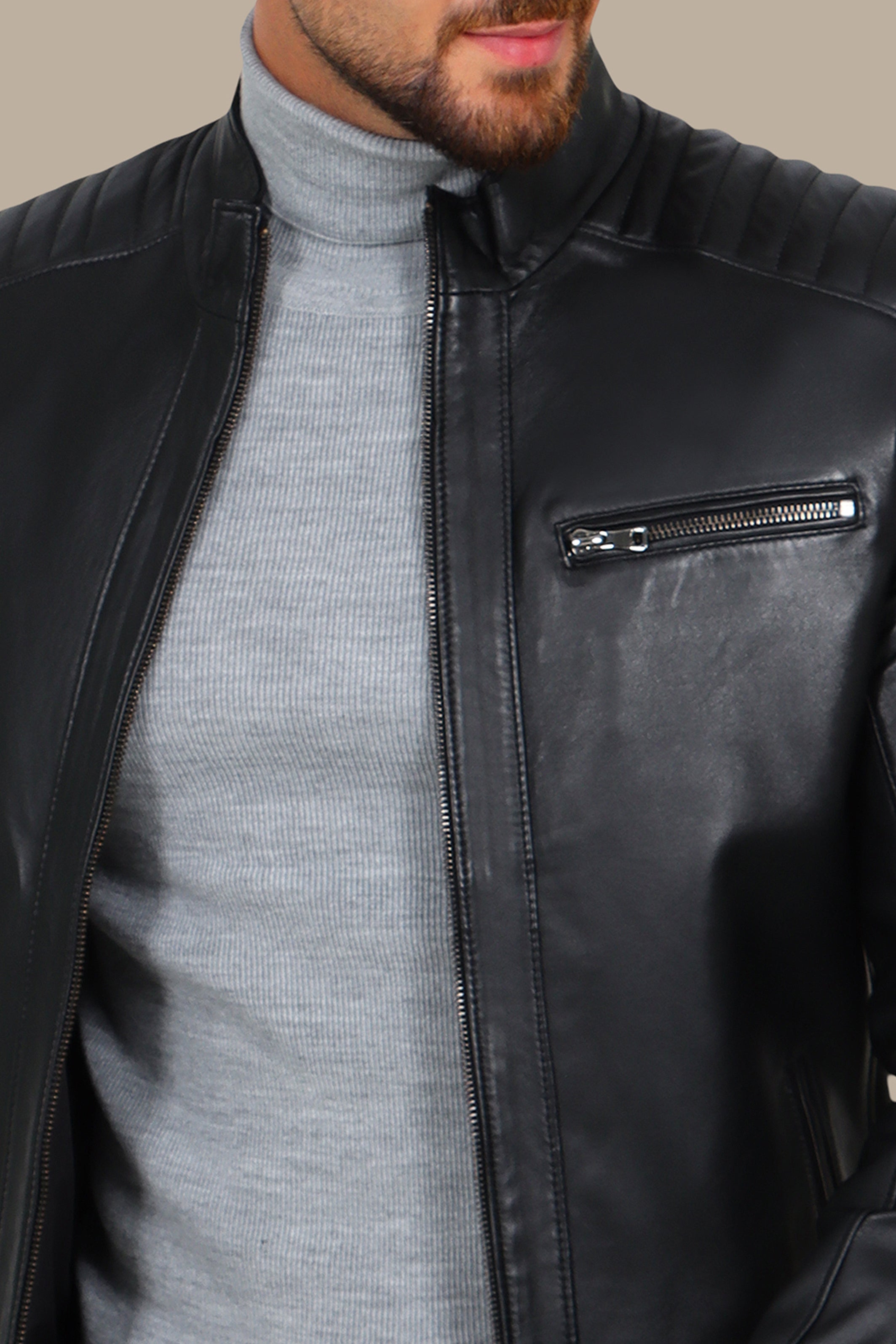 Black Leather Jacket with Mao Collar and Triple Zipper Design