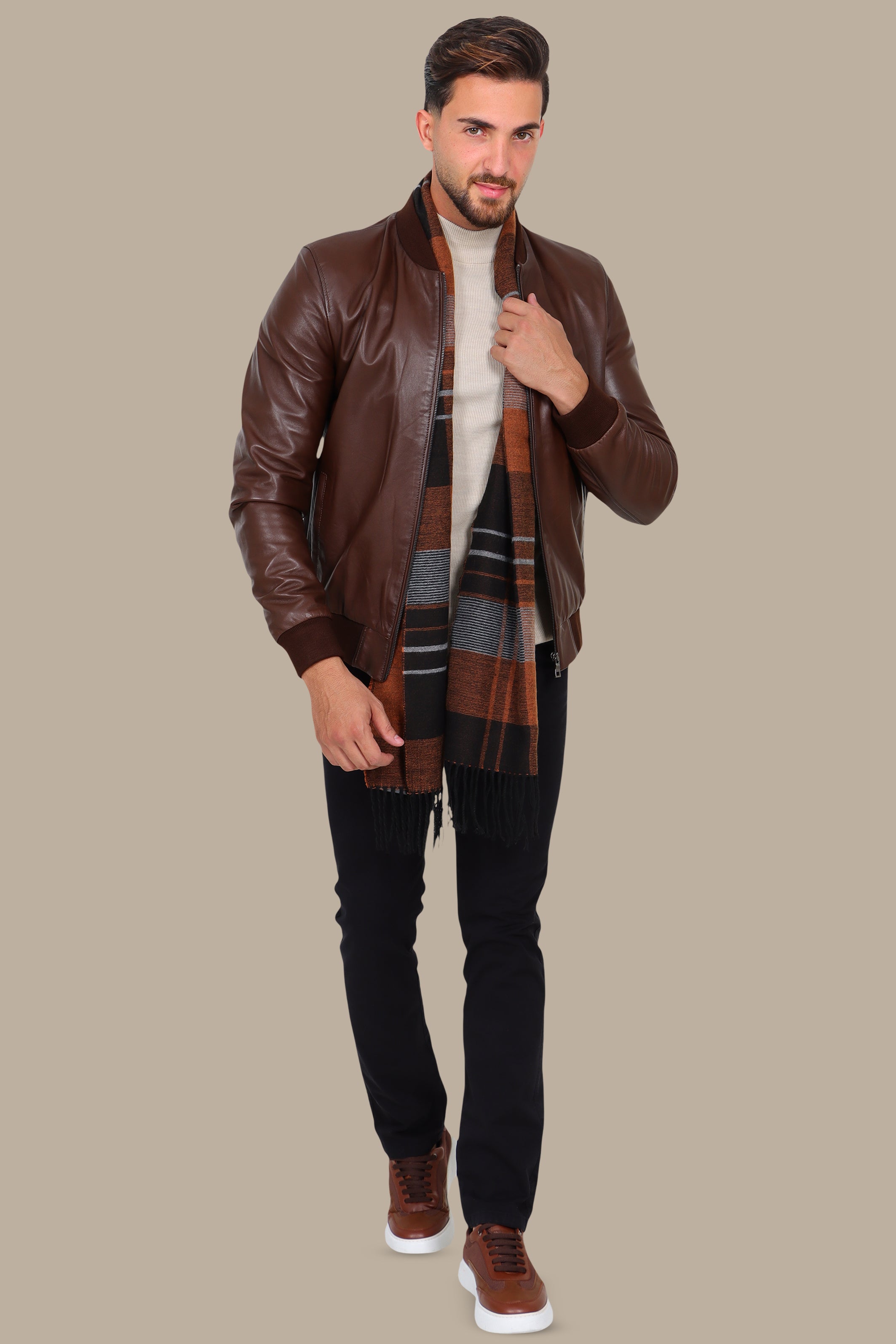 Brown Real Leather Basic Col Mao Jacket