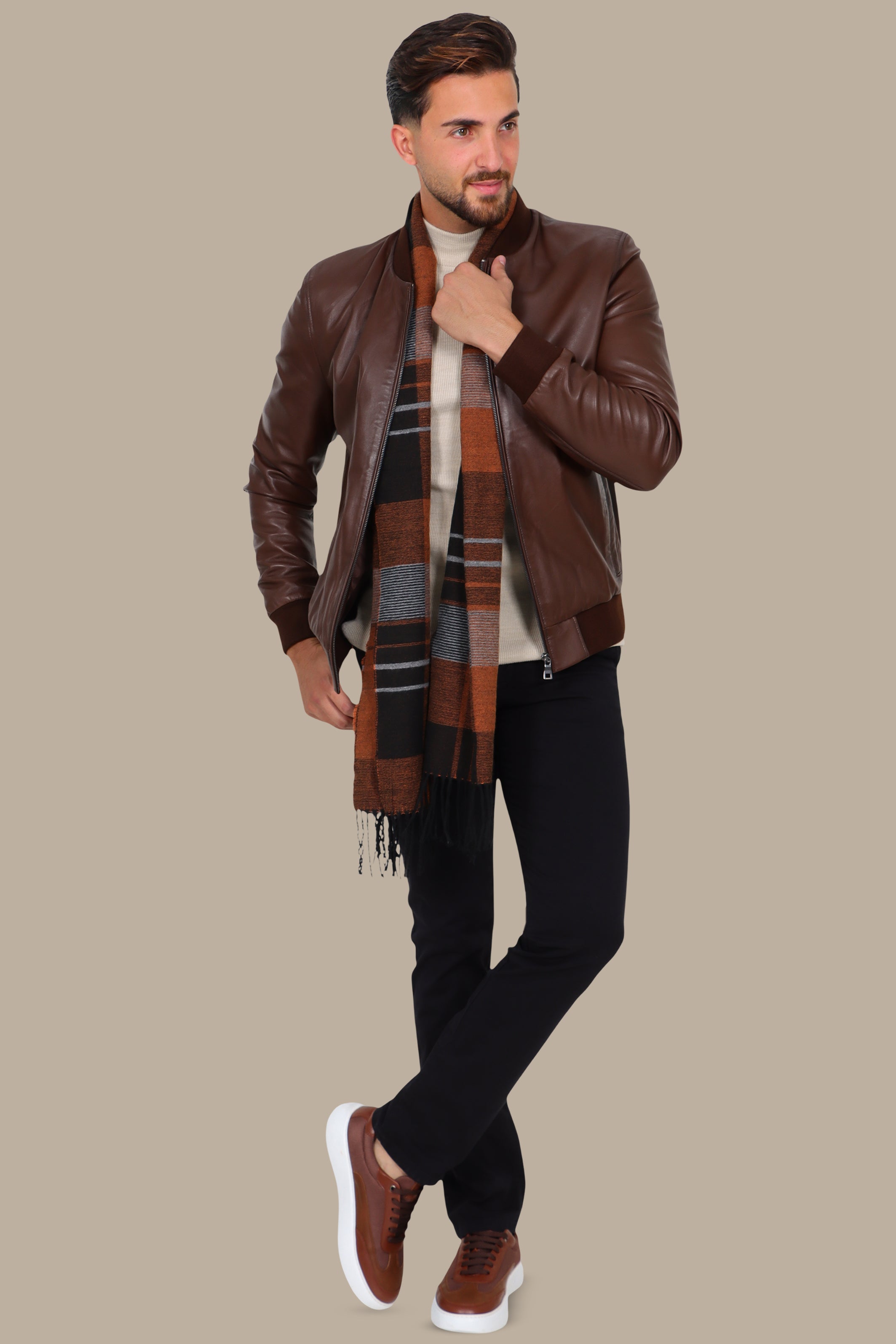 Brown Real Leather Basic Col Mao Jacket