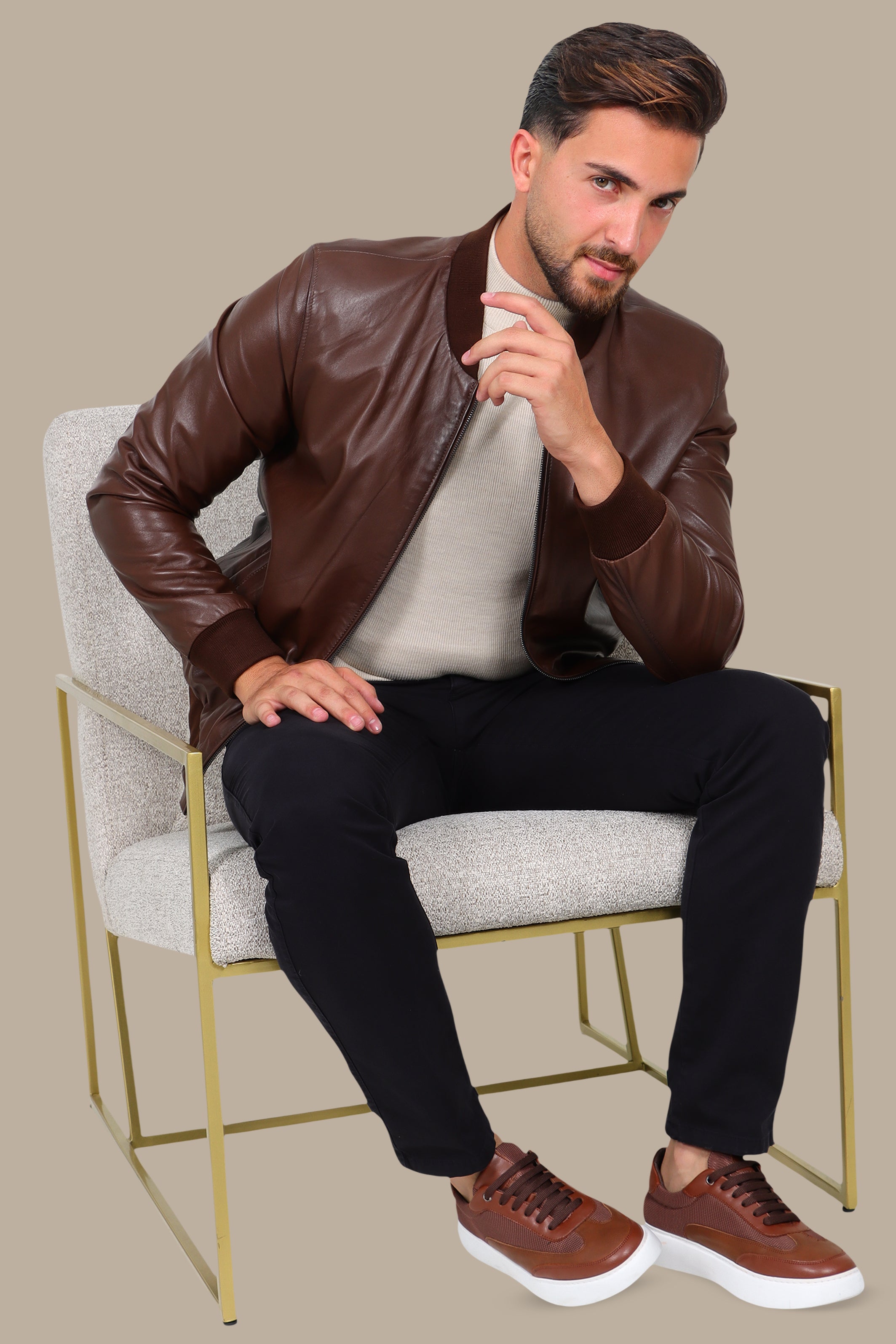 Brown Real Leather Basic Col Mao Jacket