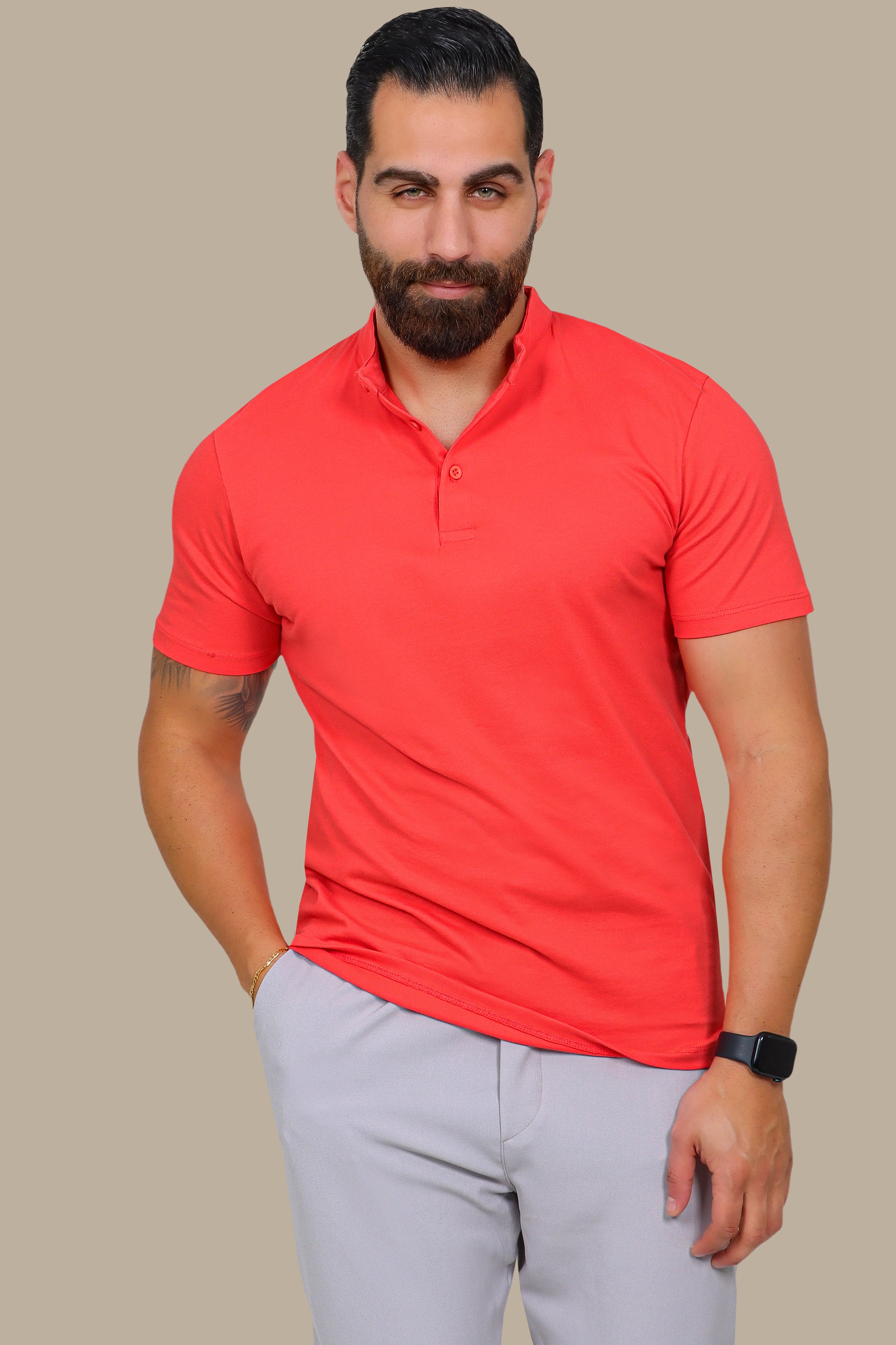 Coral Basic Polo Shirt with Mao Collar