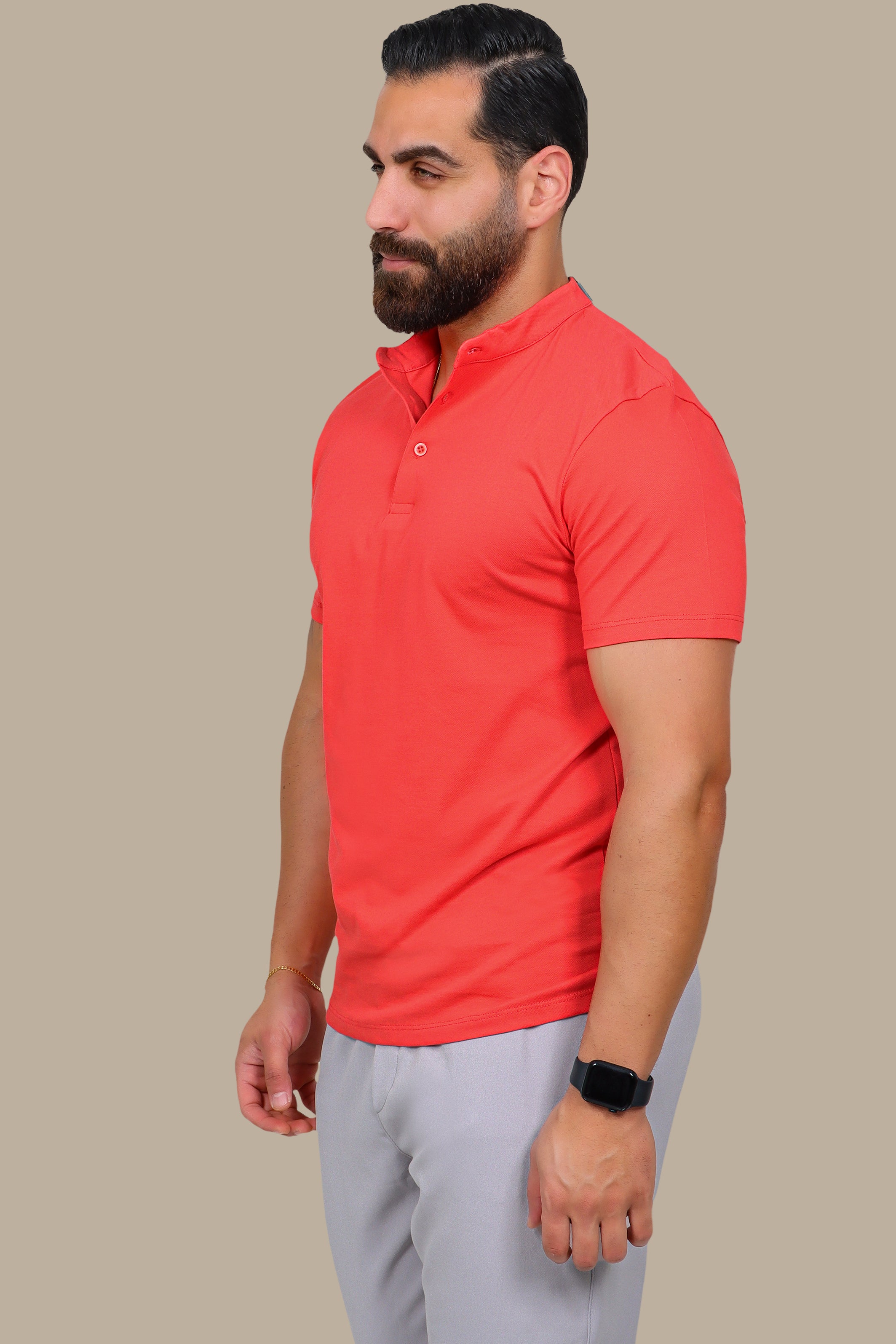 Coral Basic Polo Shirt with Mao Collar