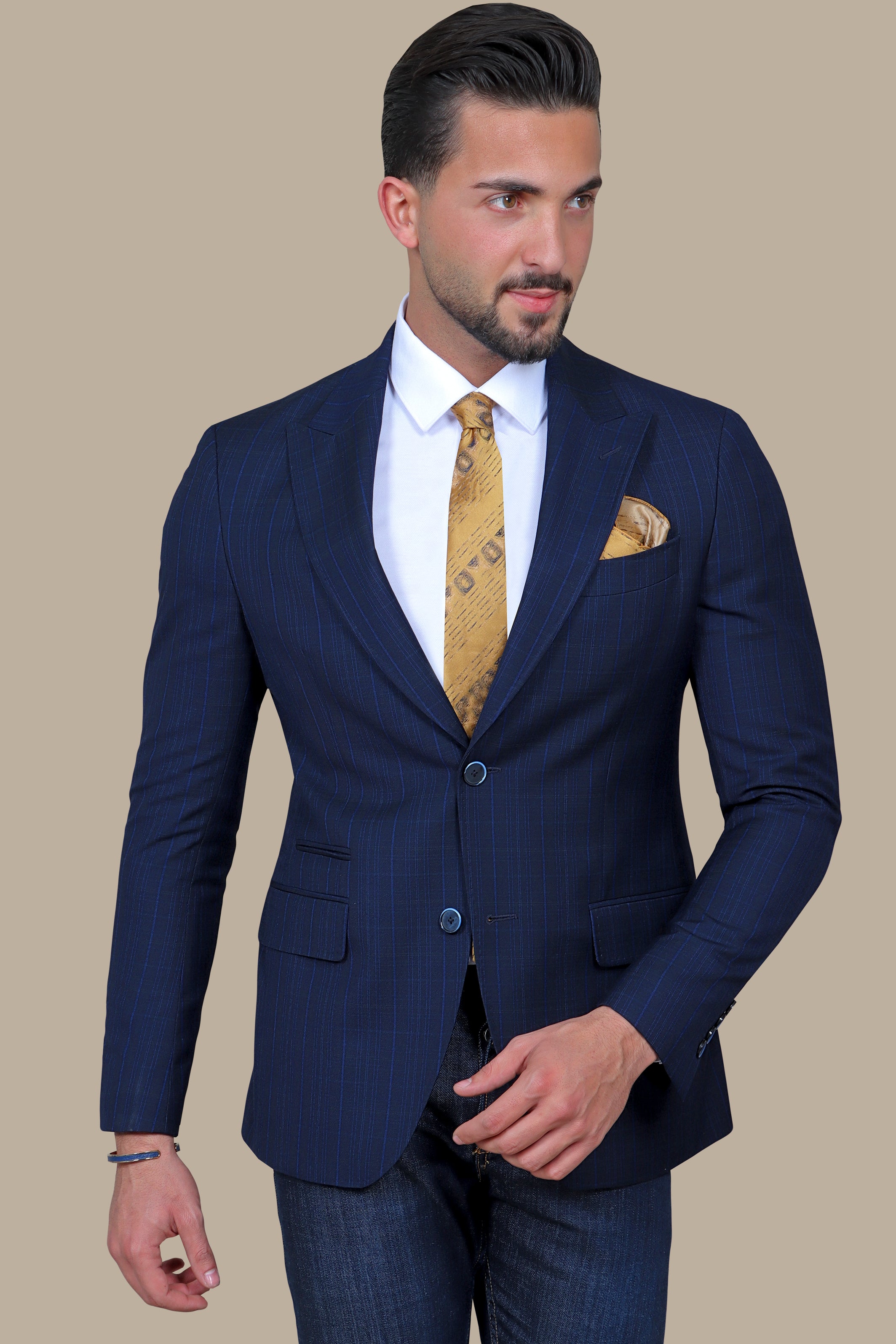 Checked Peak Blazer – Navy