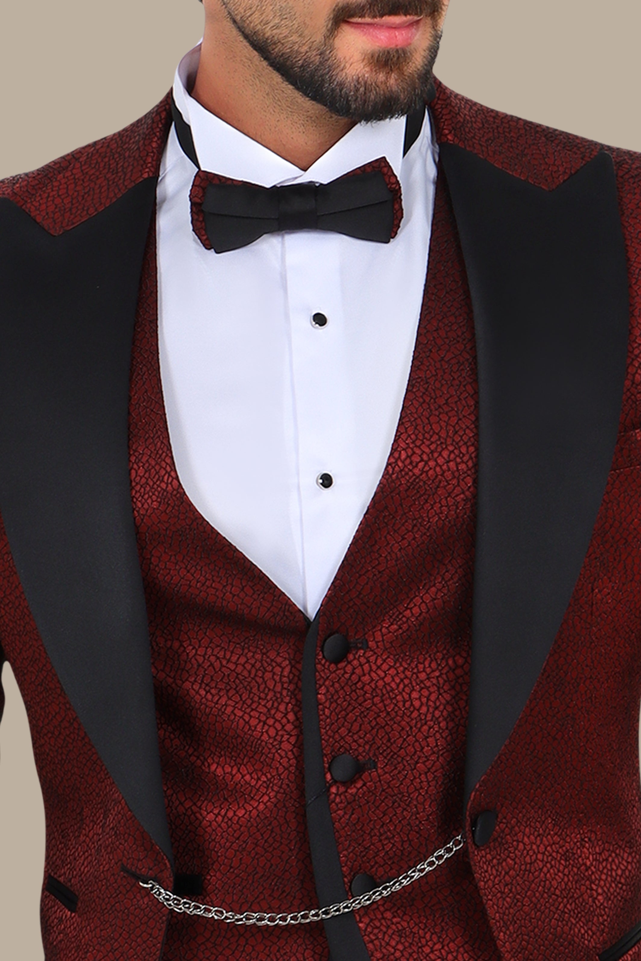 Burgundy Peak Lapel Tuxedo 4pcs Geometrical Embroidery