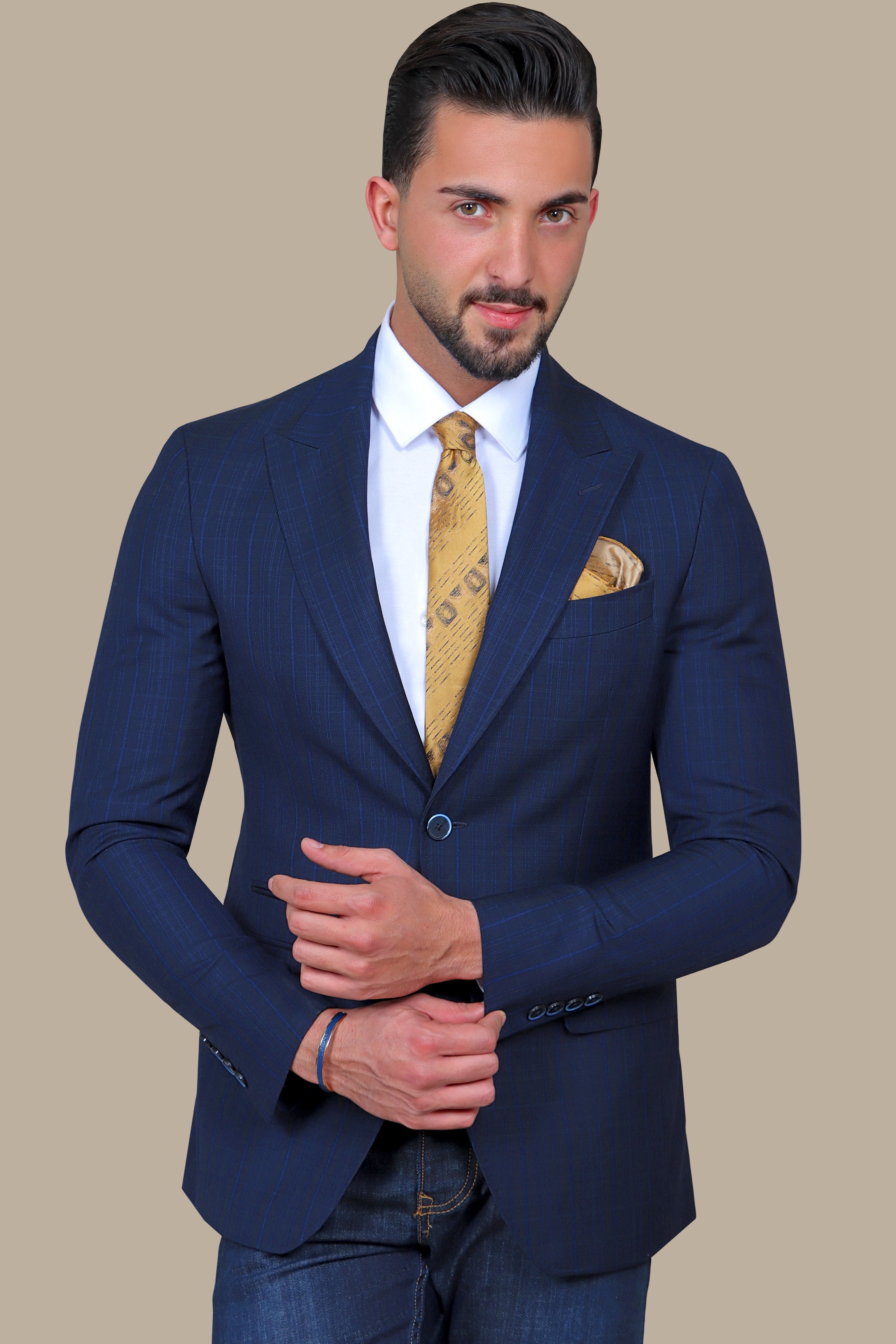Checked Peak Blazer – Navy