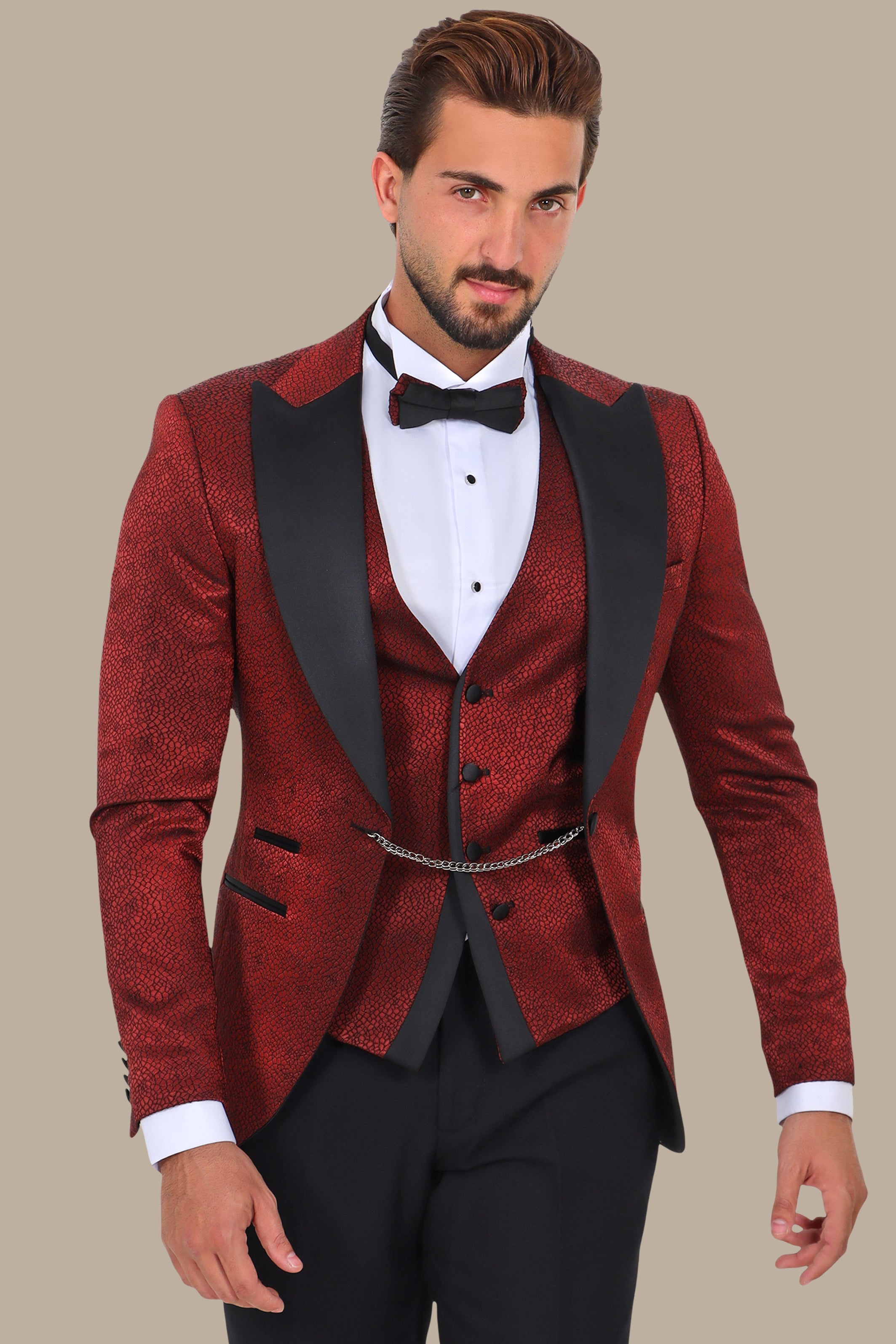 Burgundy Peak Lapel Tuxedo 4pcs Geometrical Embroidery
