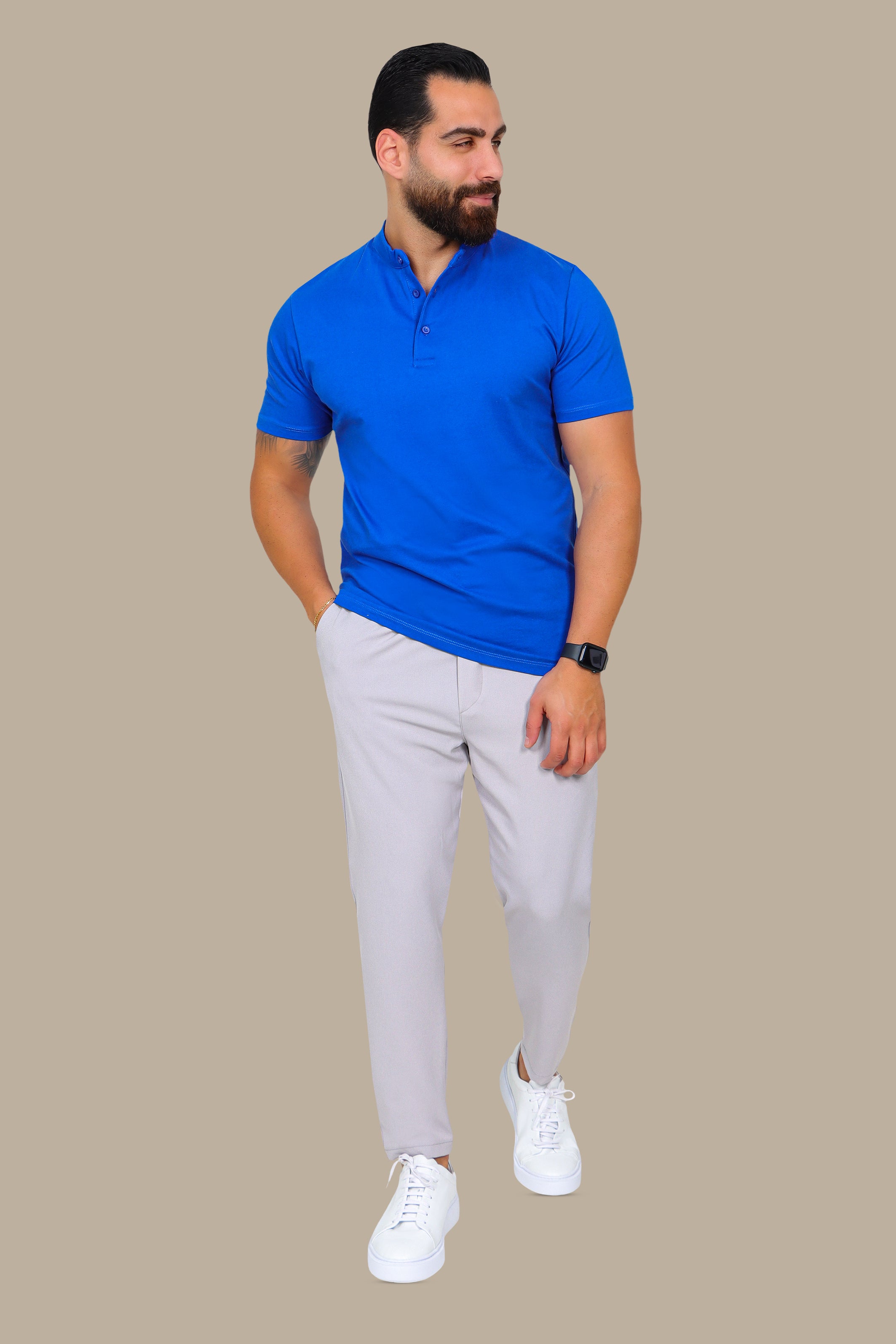Blue Basic Polo Shirt with Mao Collar