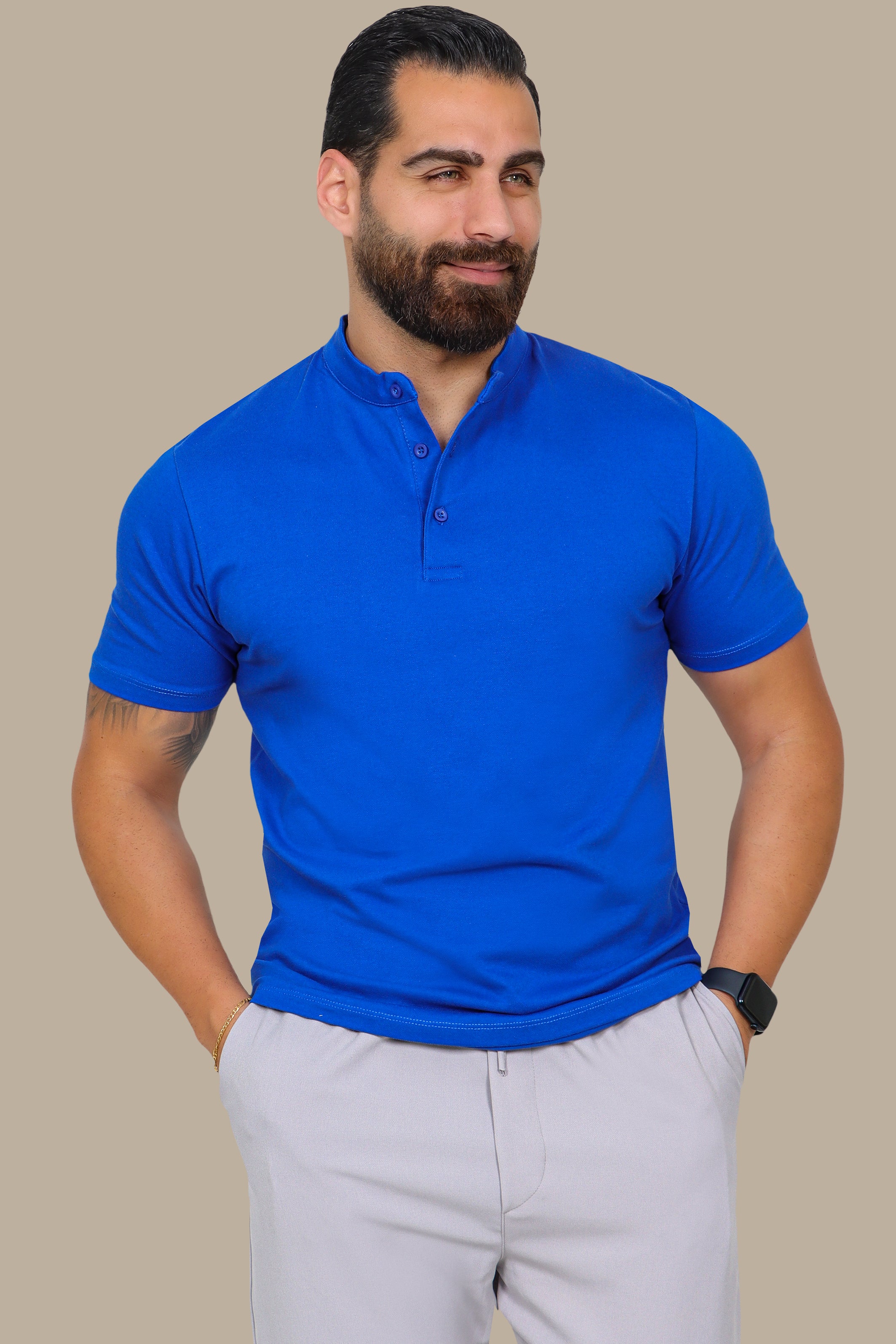 Blue Basic Polo Shirt with Mao Collar