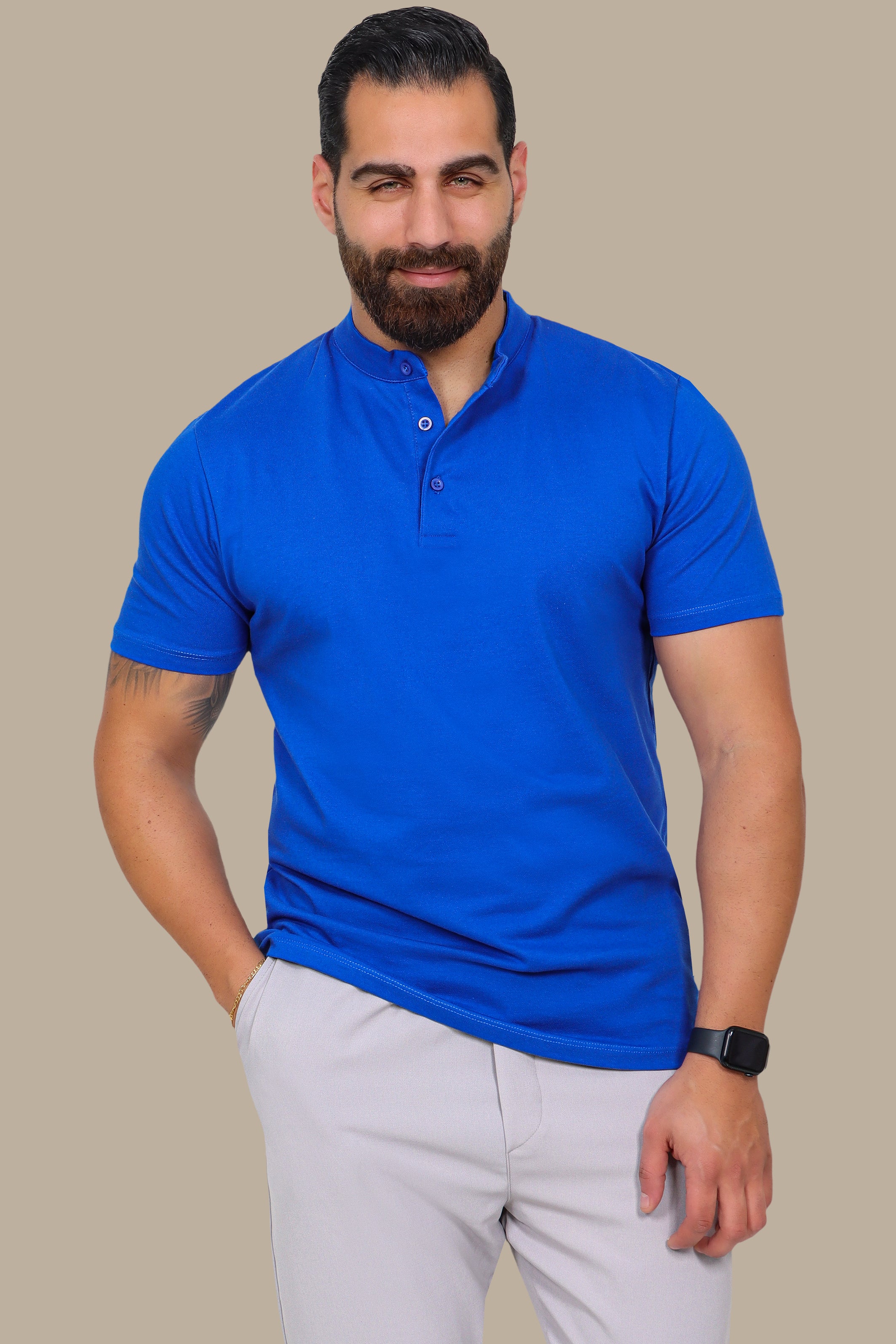 Blue Basic Polo Shirt with Mao Collar