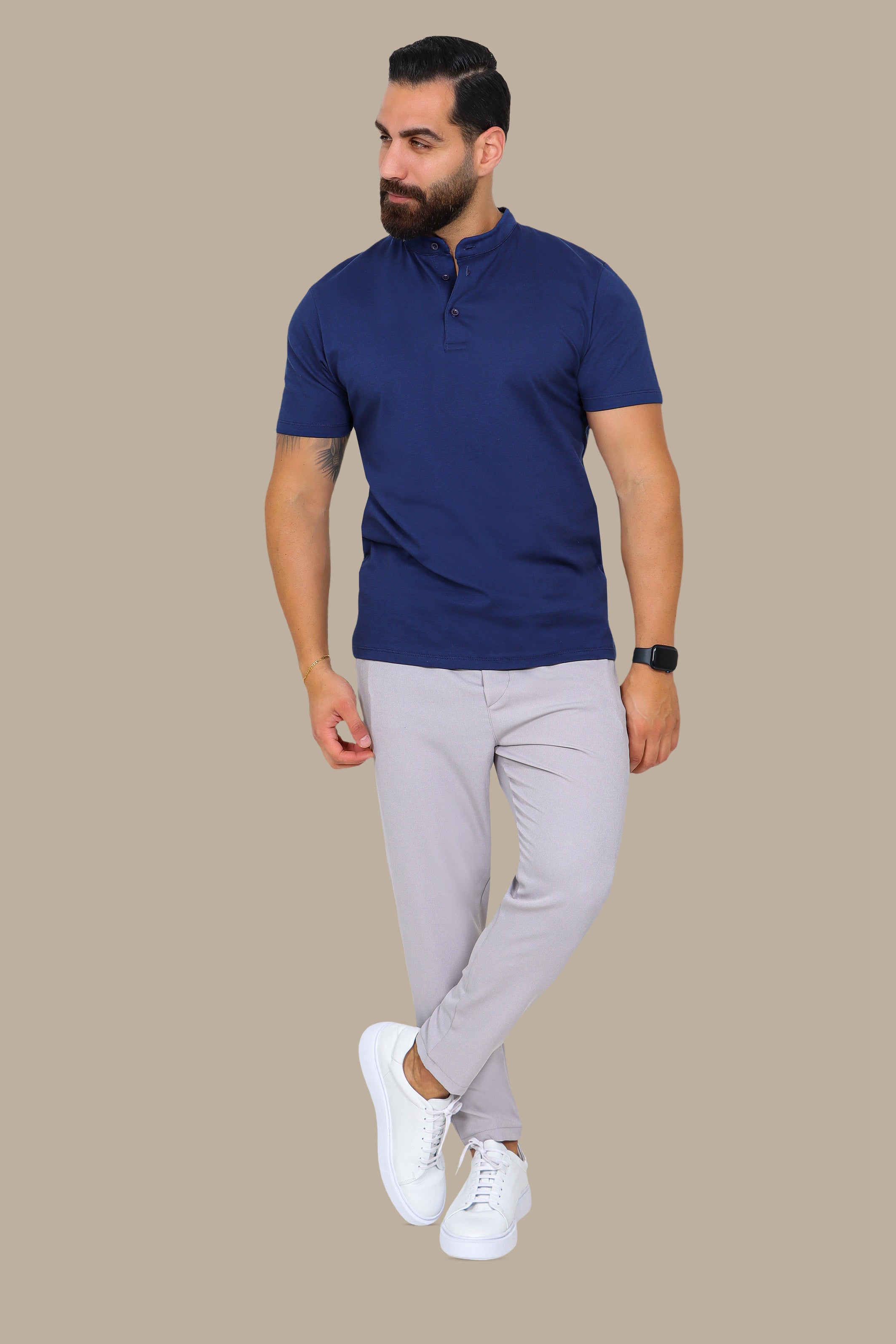 Navy Basic Polo Shirt with Mao Collar