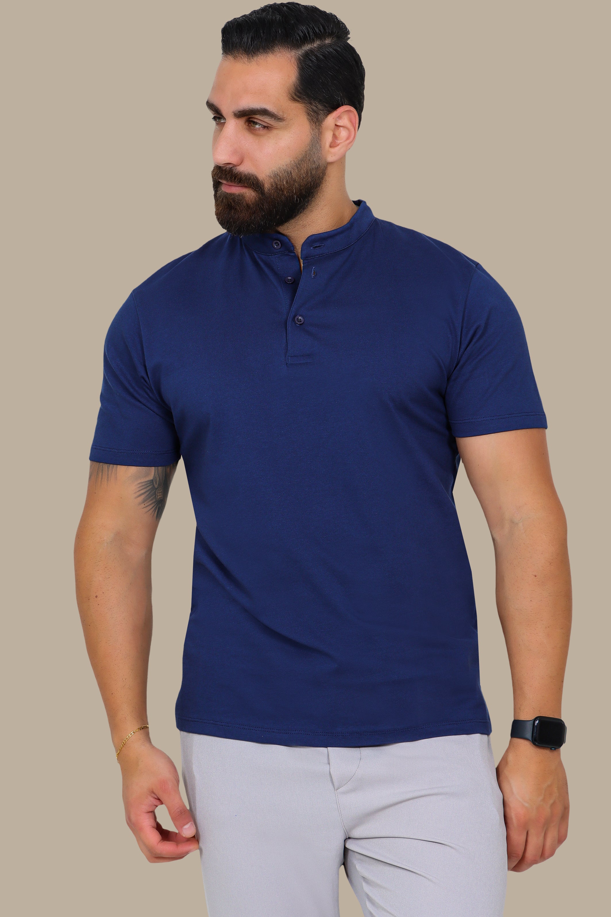 Navy Basic Polo Shirt with Mao Collar