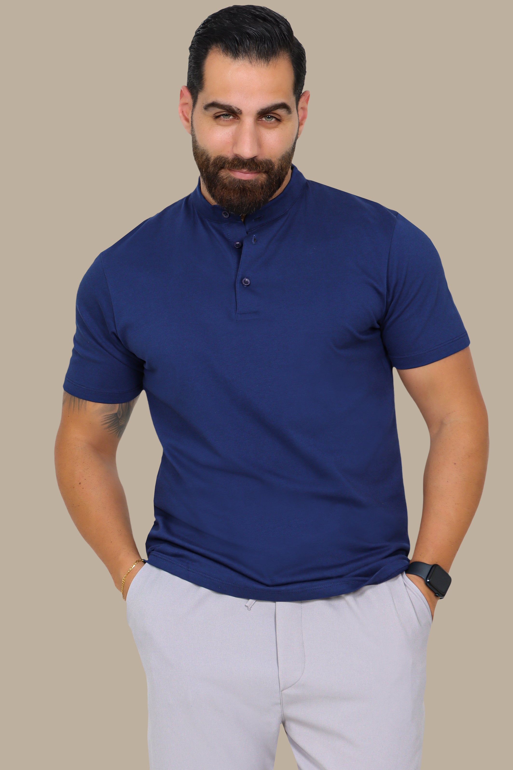 Navy Basic Polo Shirt with Mao Collar