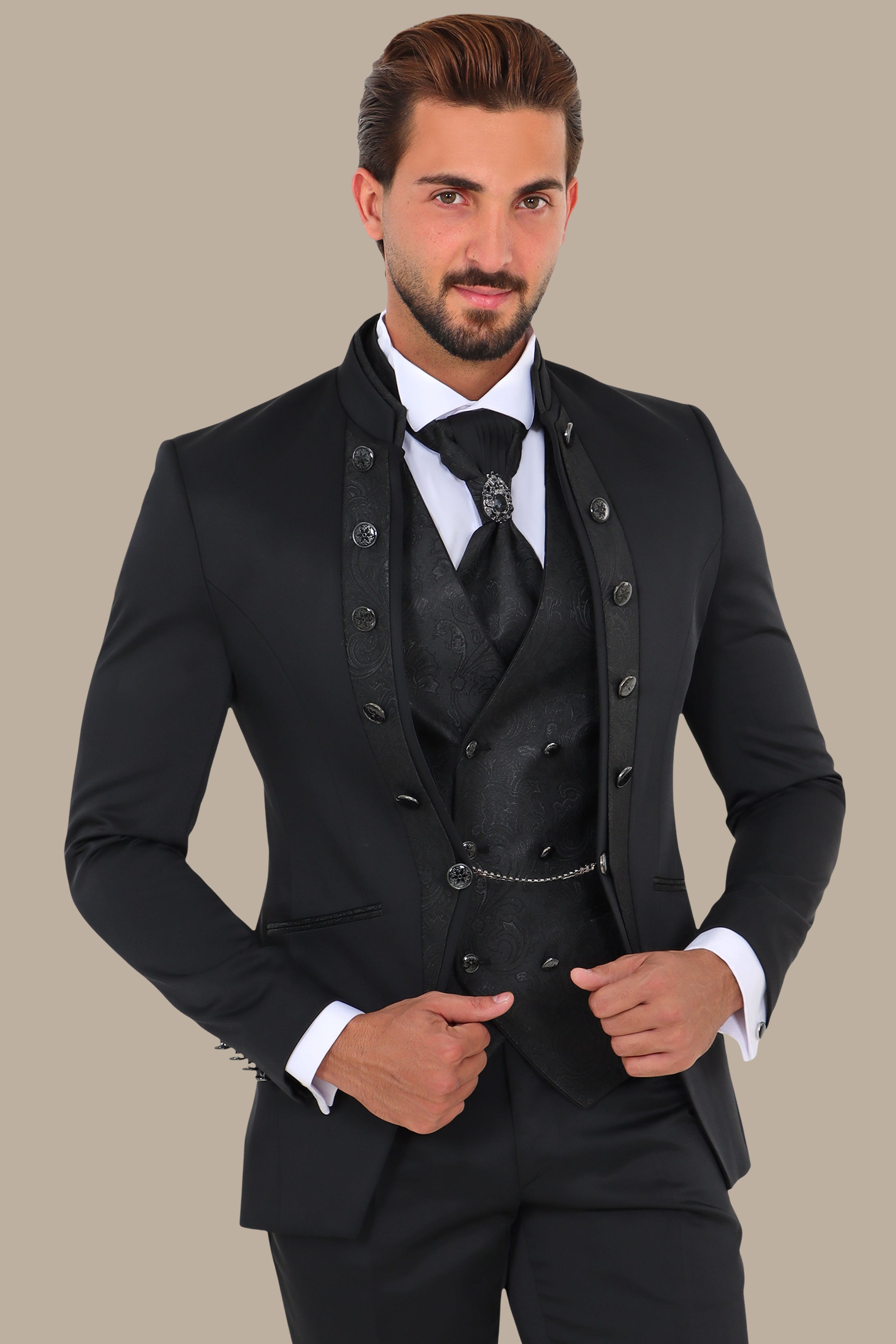 Black Mao Collar Tuxedo 4pcs Jacquard Line