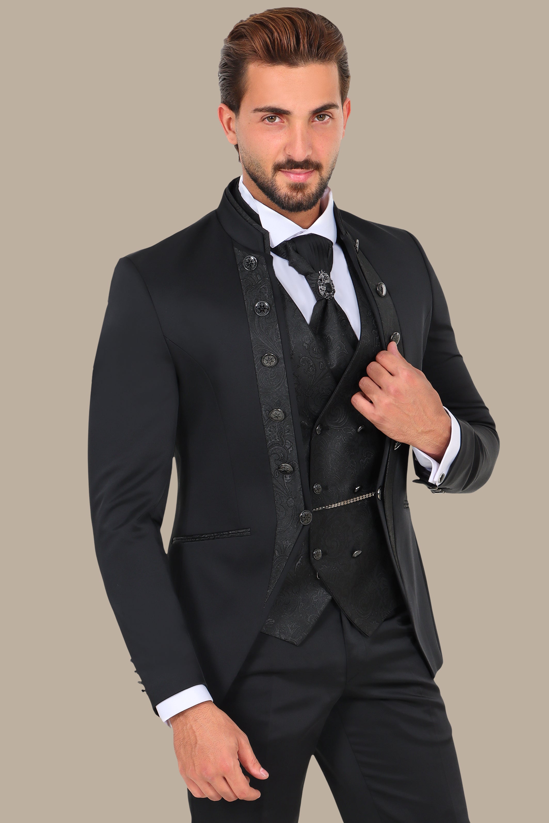 Black Mao Collar Tuxedo 4pcs Jacquard Line