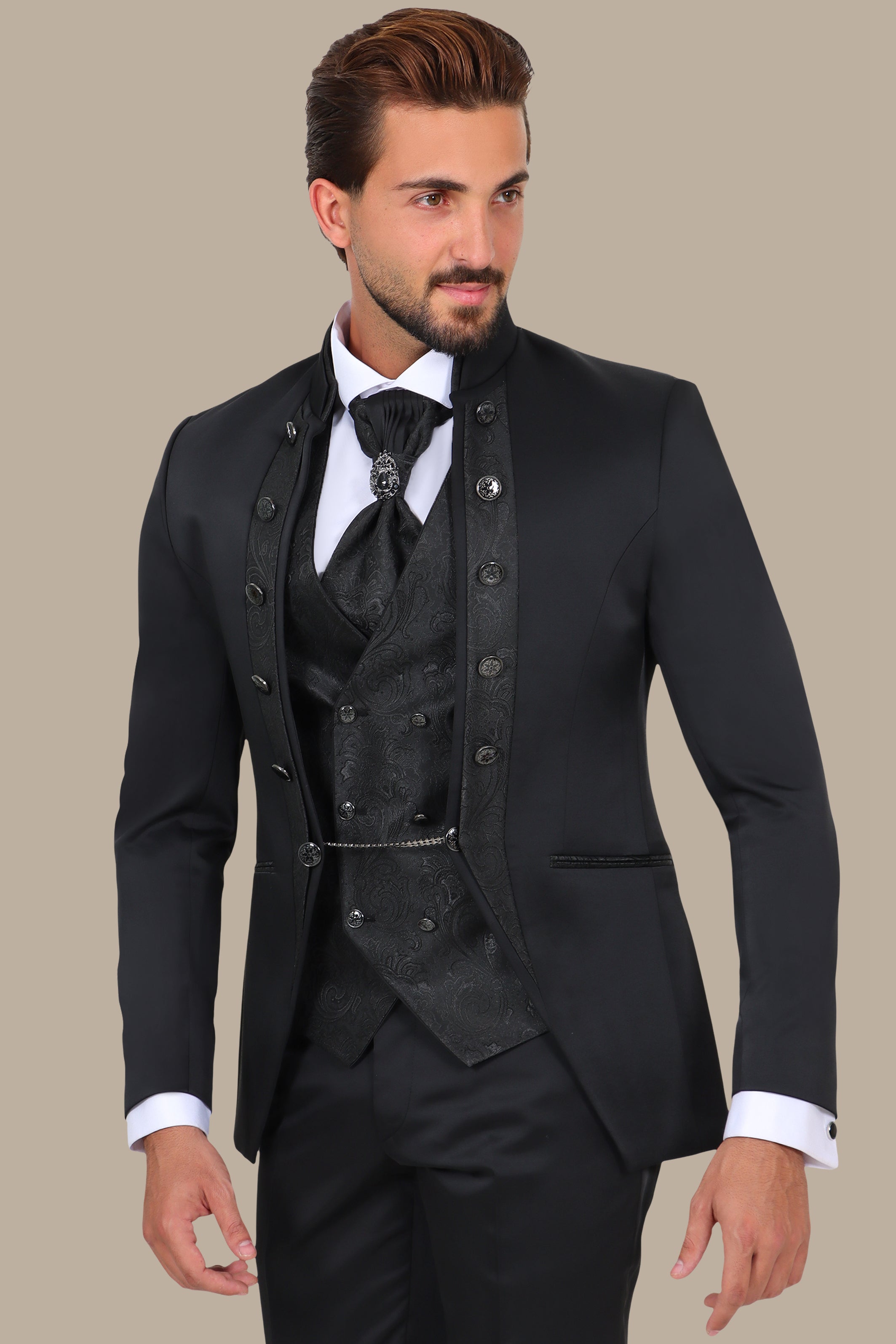 Black Mao Collar Tuxedo 4pcs Jacquard Line