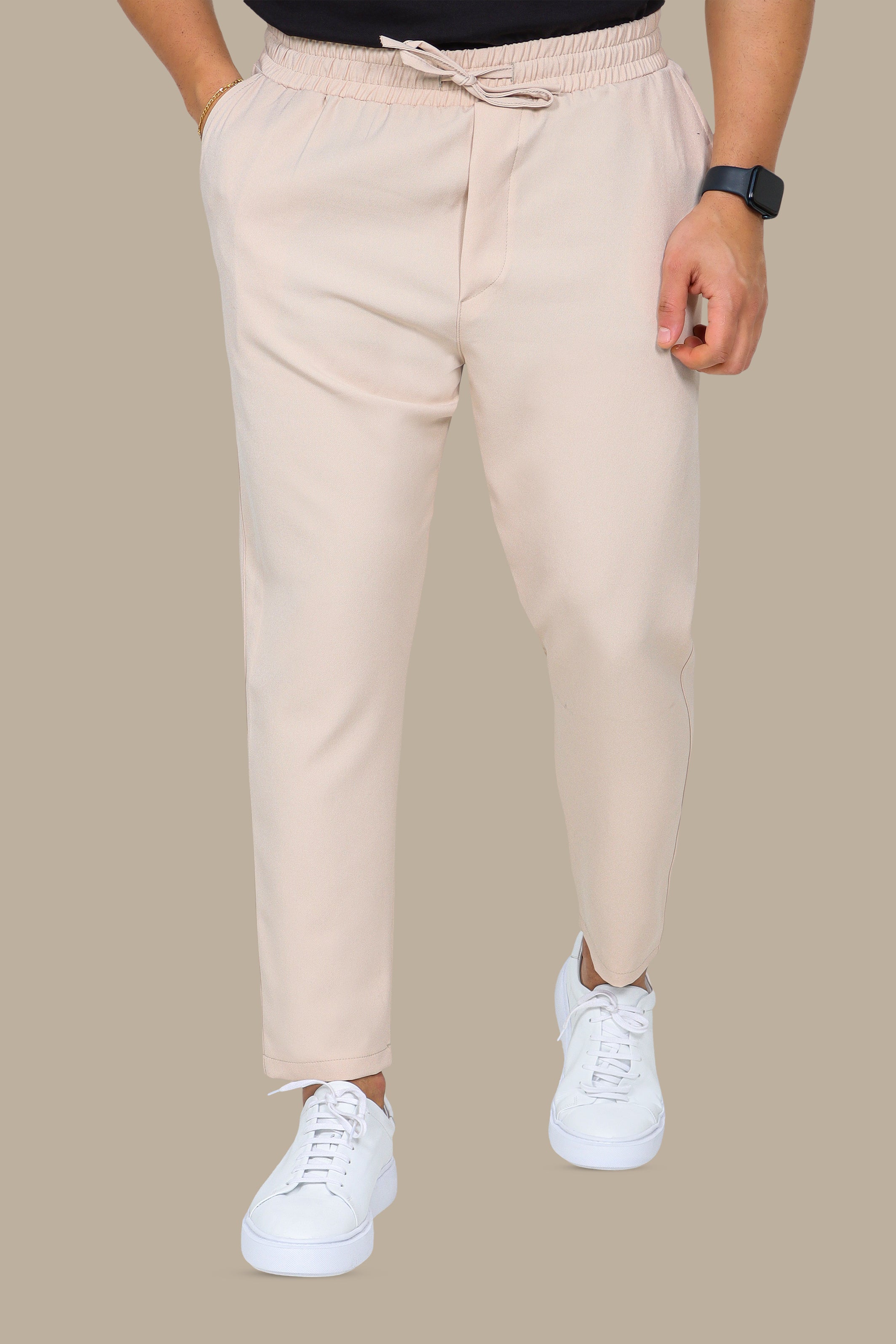 Elastic Boyfriend Beige Fashion Trousers