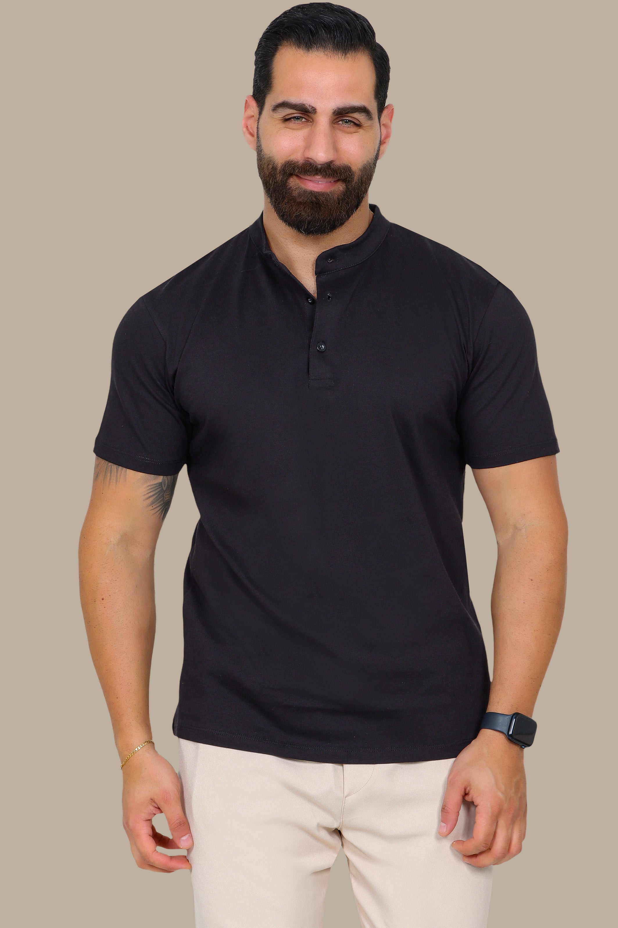Black Basic Polo Shirt with Mao Collar