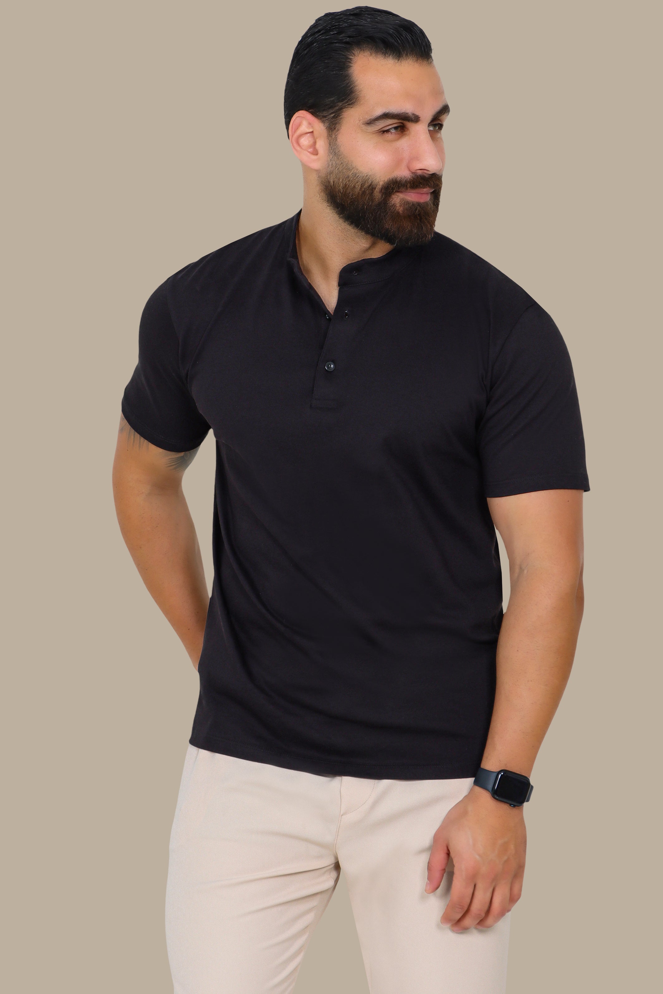Black Basic Polo Shirt with Mao Collar